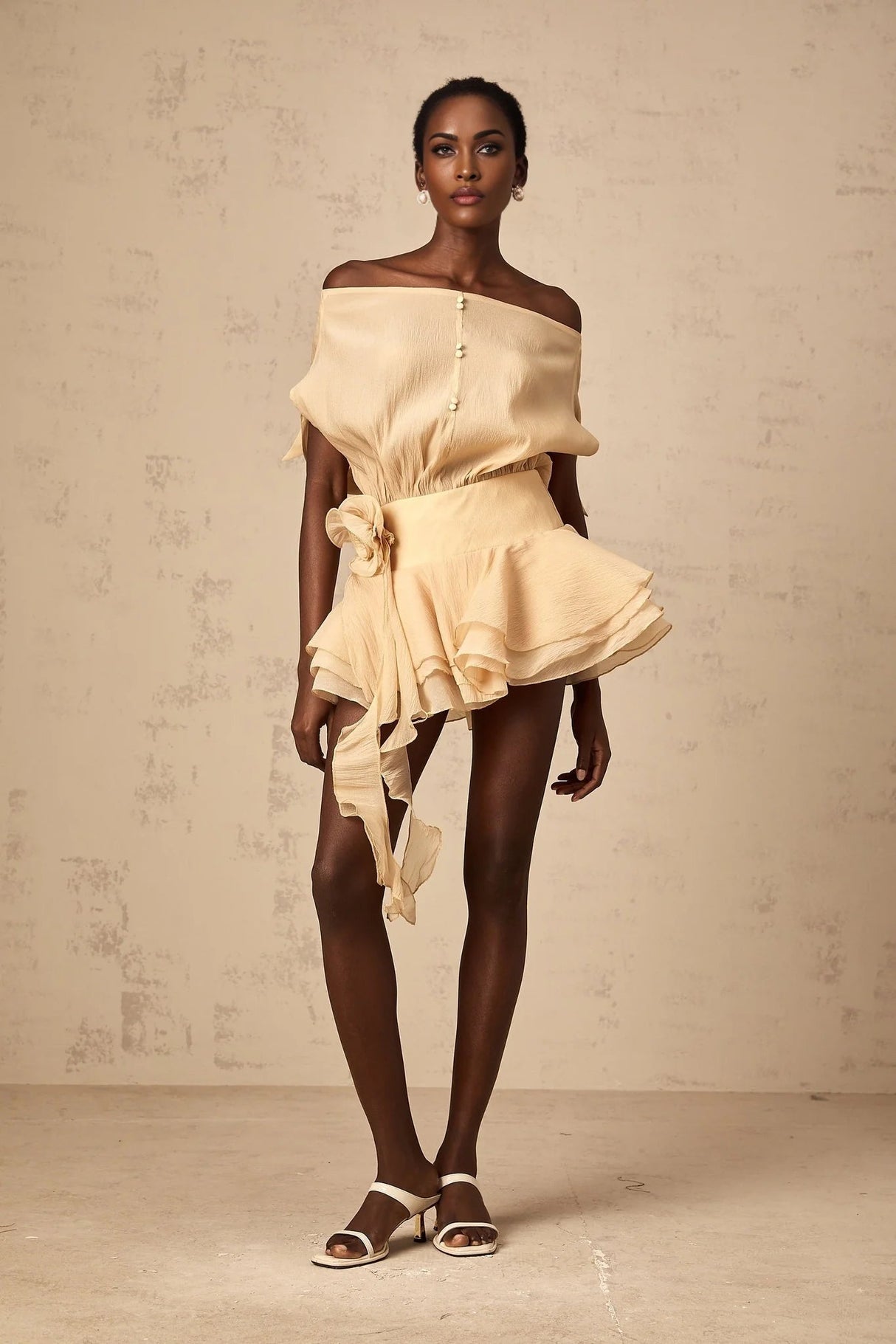 Juliet Mini Dress Floral - Appliqu Flounce Hem Neutrals