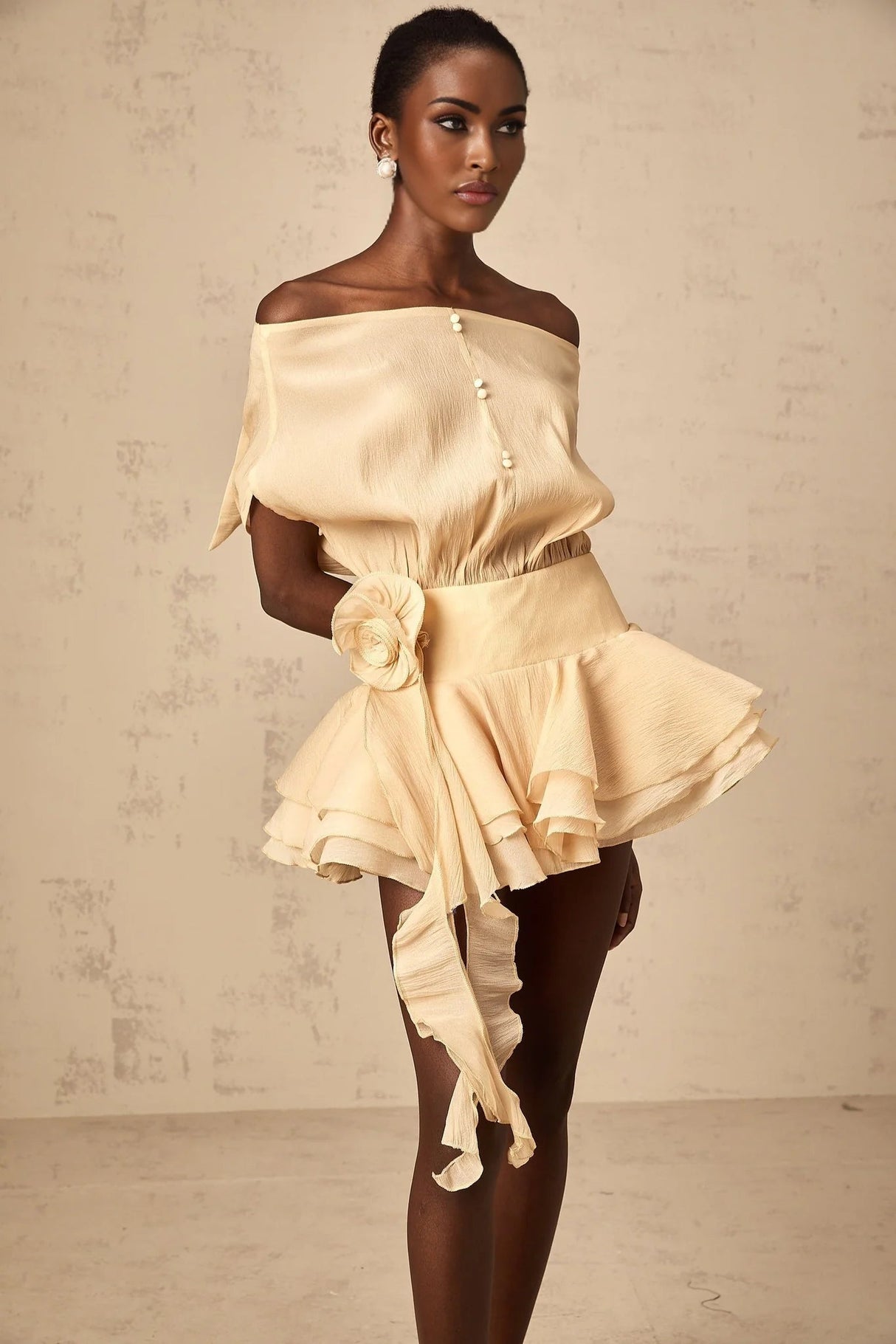 Juliet Mini Dress Floral - Appliqu Flounce Hem Neutrals