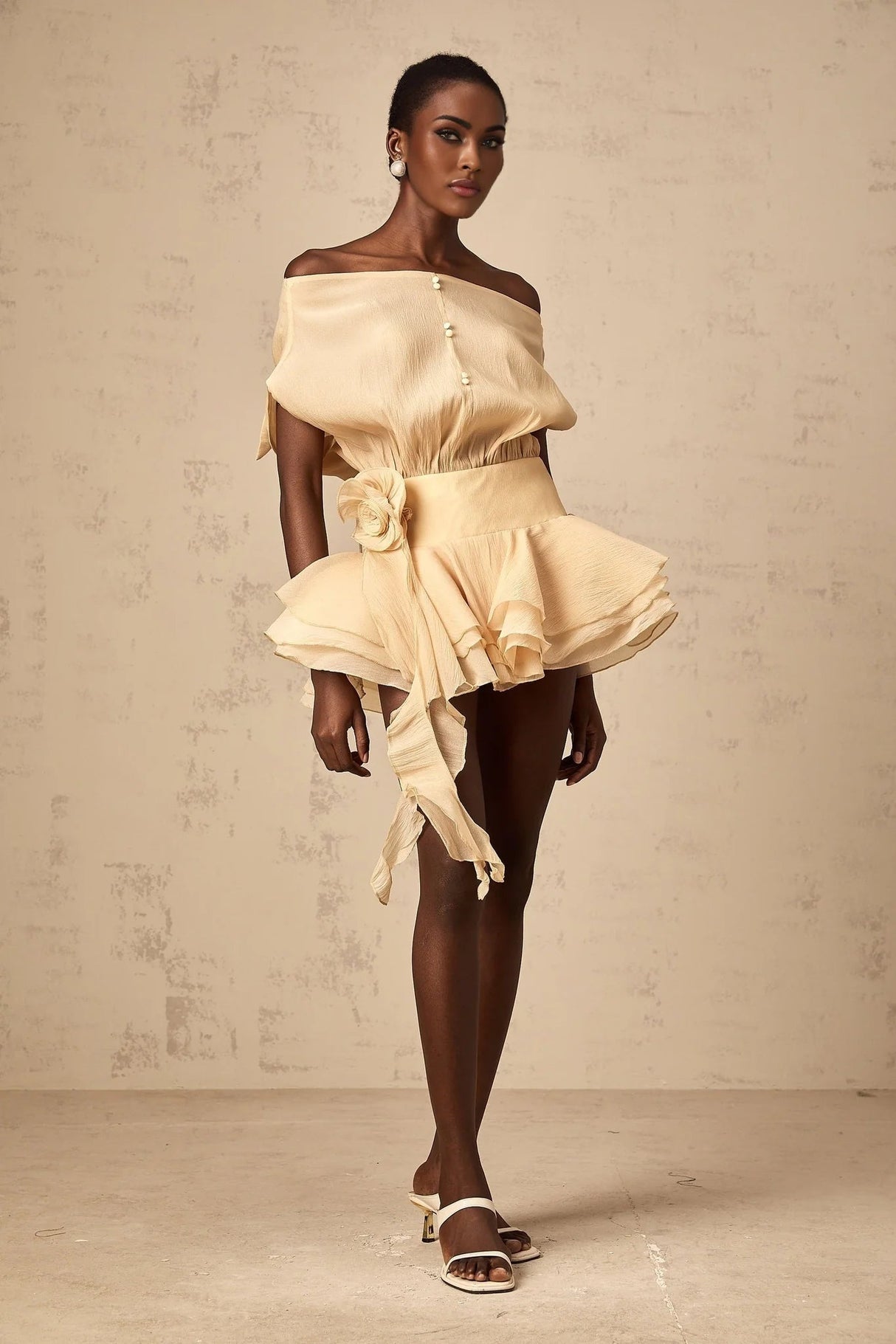 Juliet Mini Dress Floral - Appliqu Flounce Hem Neutrals