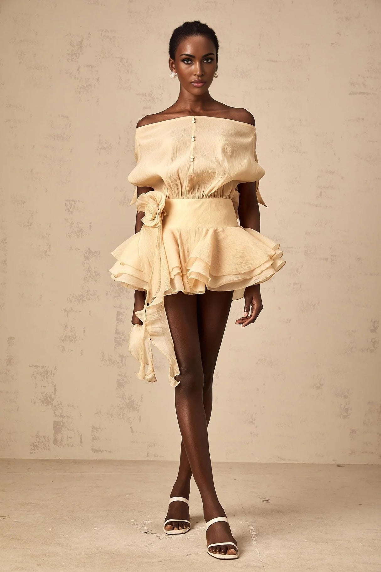 Juliet Mini Dress Floral - Appliqu Flounce Hem Neutrals