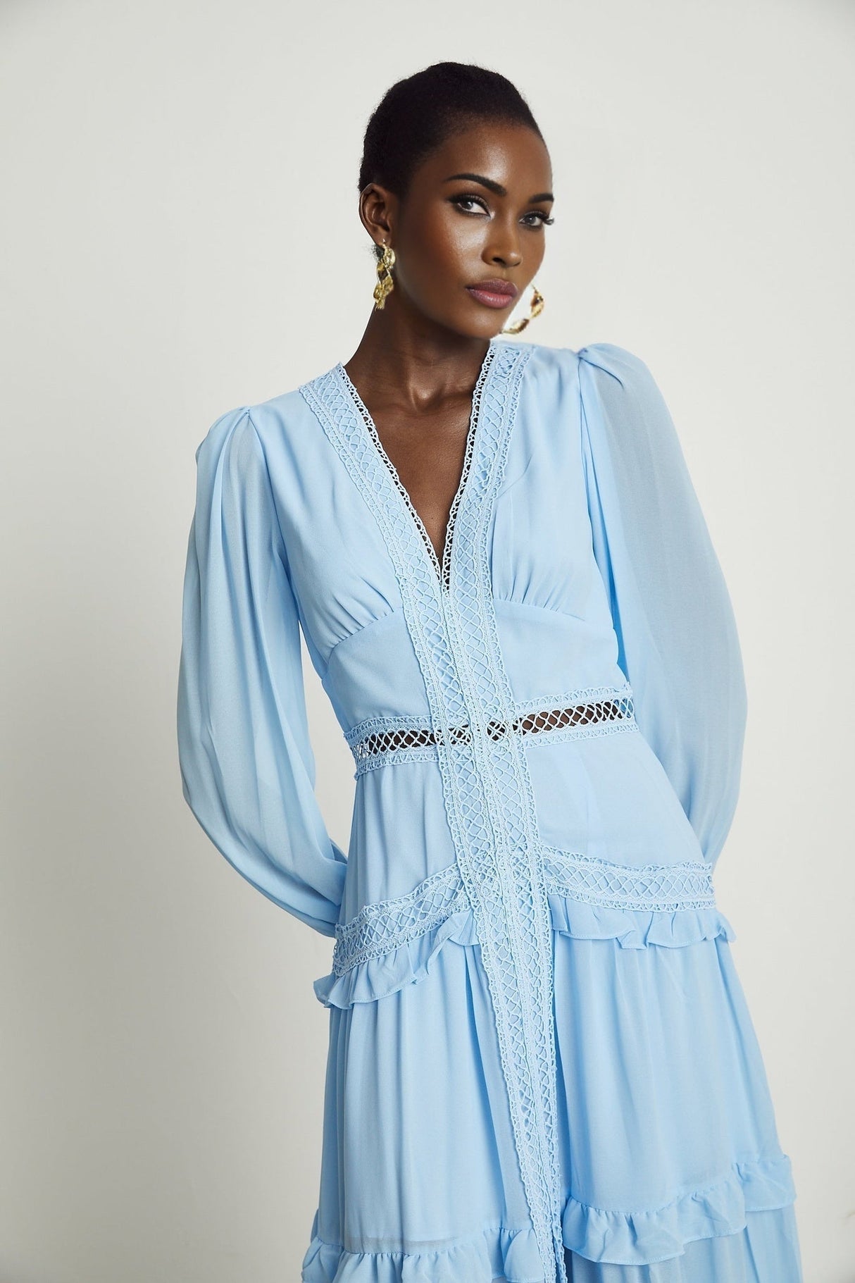 Juno Light Blue Guipure Lace Maxi Dress With Ruffle Details