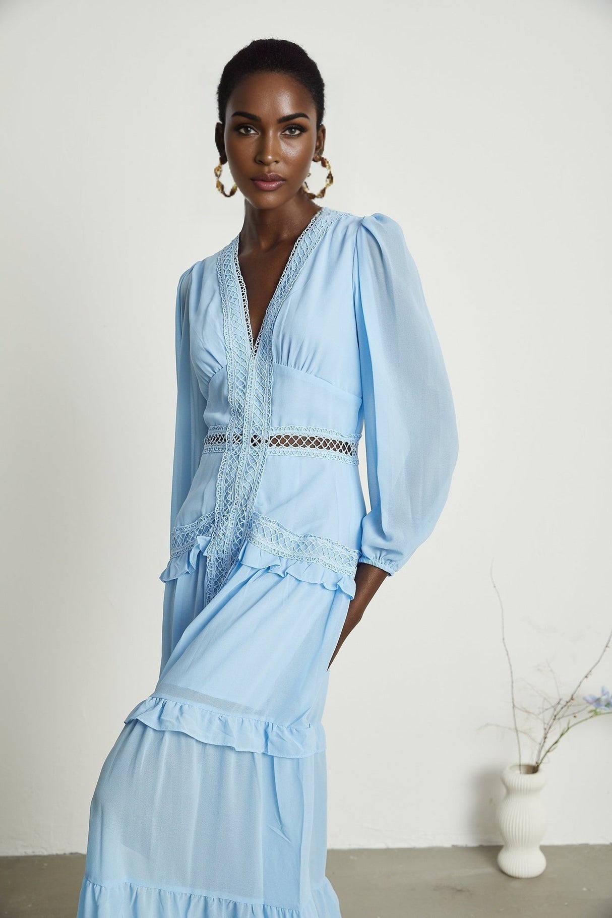 Juno Light Blue Guipure Lace Maxi Dress With Ruffle Details