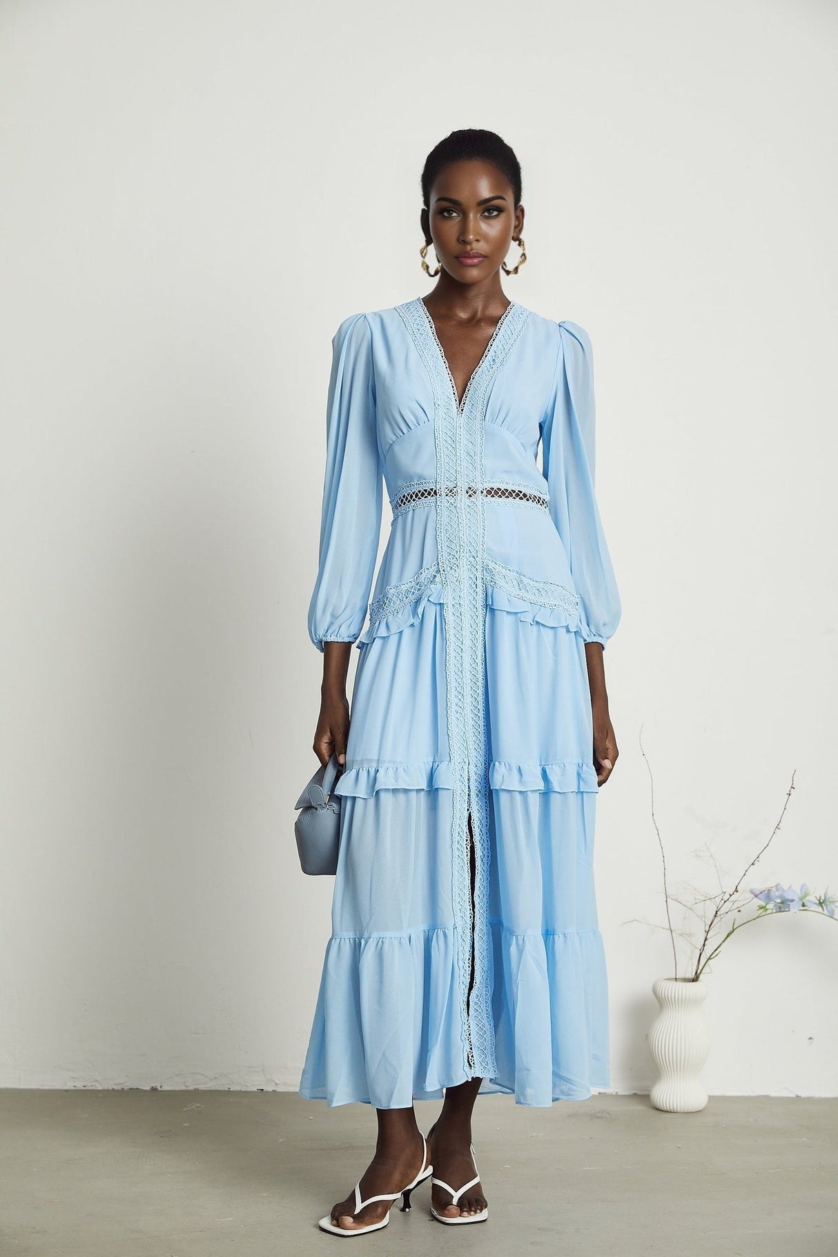 Juno Light Blue Guipure Lace Maxi Dress With Ruffle Details