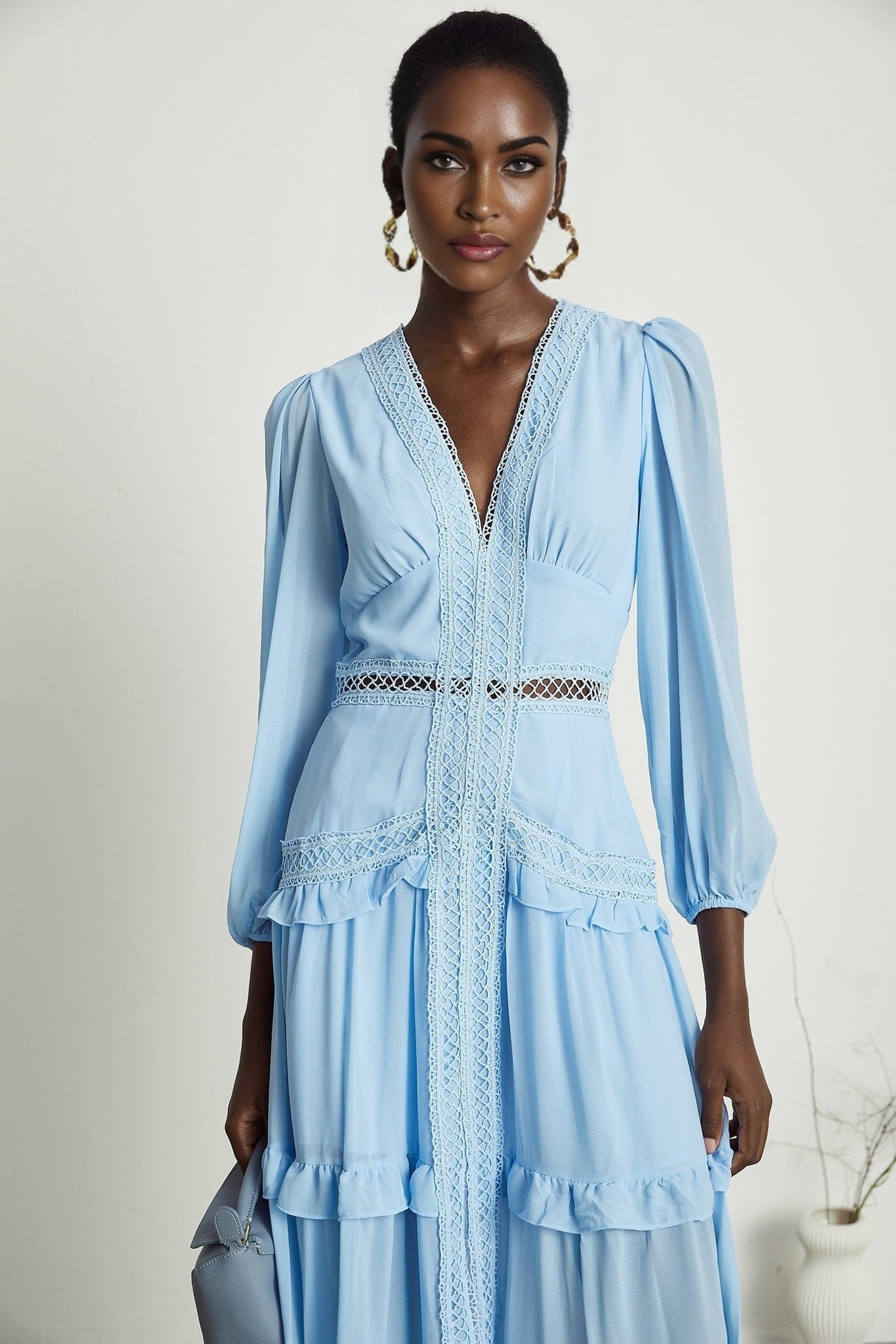 Juno Light Blue Guipure Lace Maxi Dress With Ruffle Details
