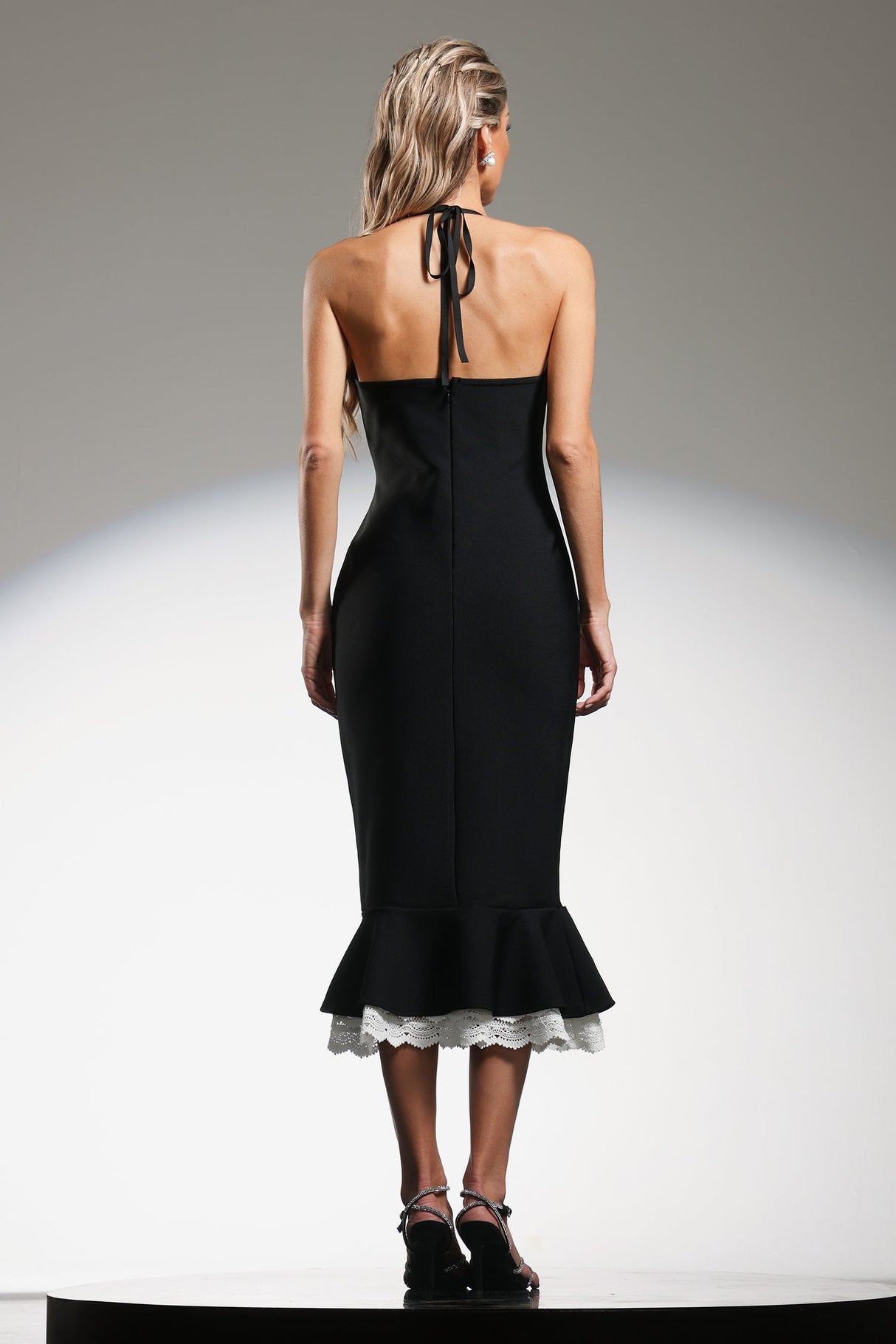 Kadence Black Halter Neck Lace Detail Dress