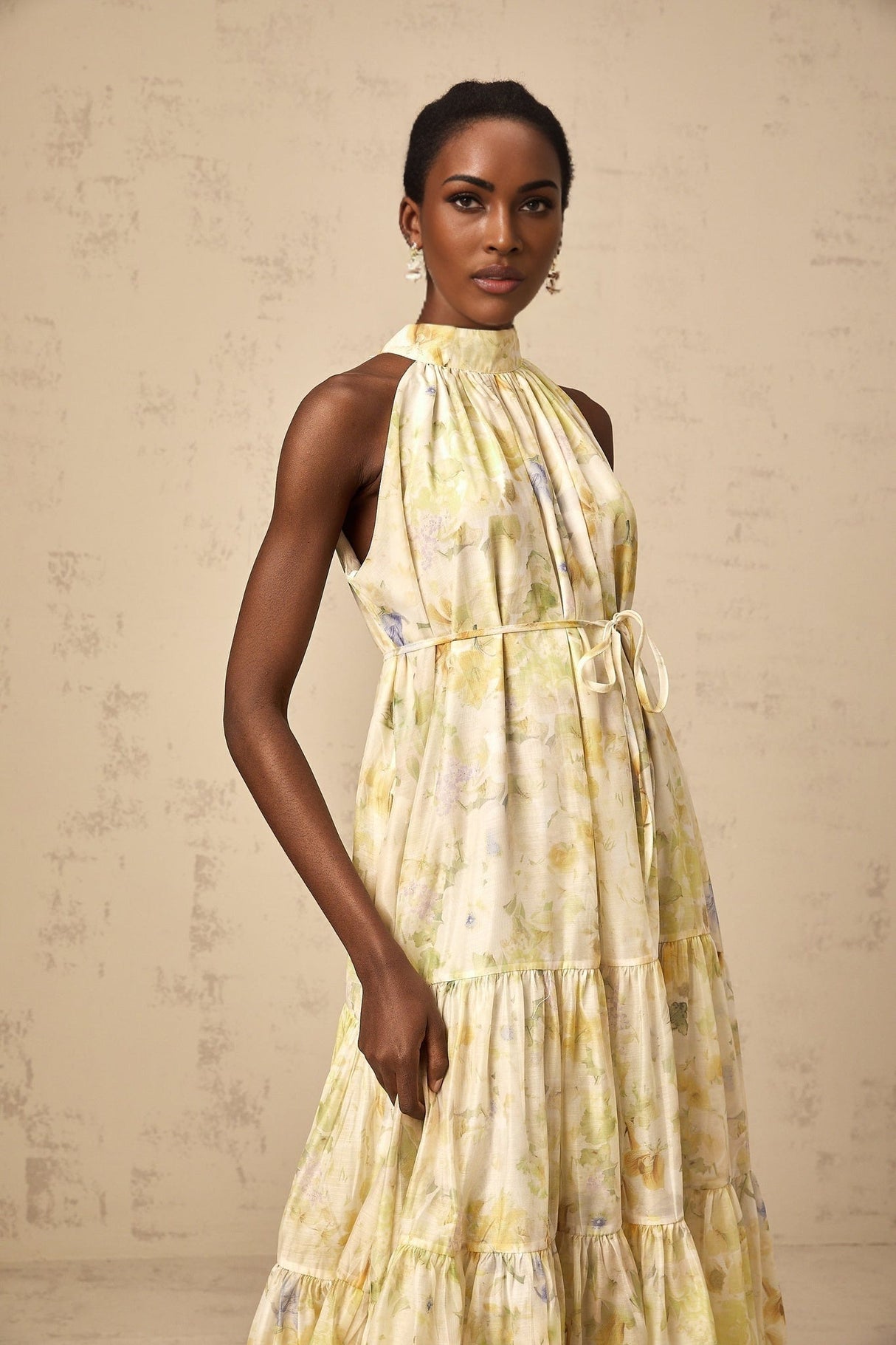 Kadence Floral Midi Dress in Vibrant Yellow with Round - Neck & Tiered Skirt