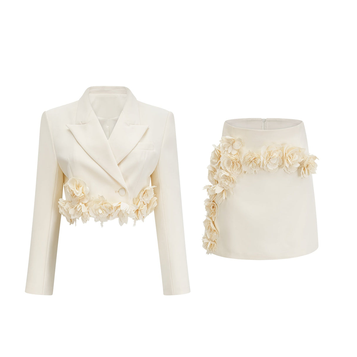 Kaitlin Jacket & Skirt – Neutrals – Floral Appliqué – Cropped
