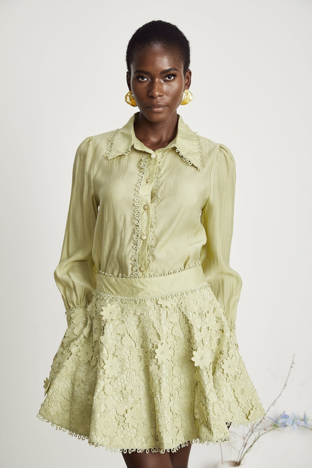 Kaitlin Shirt & Skirt Green Floral Embroidered Set