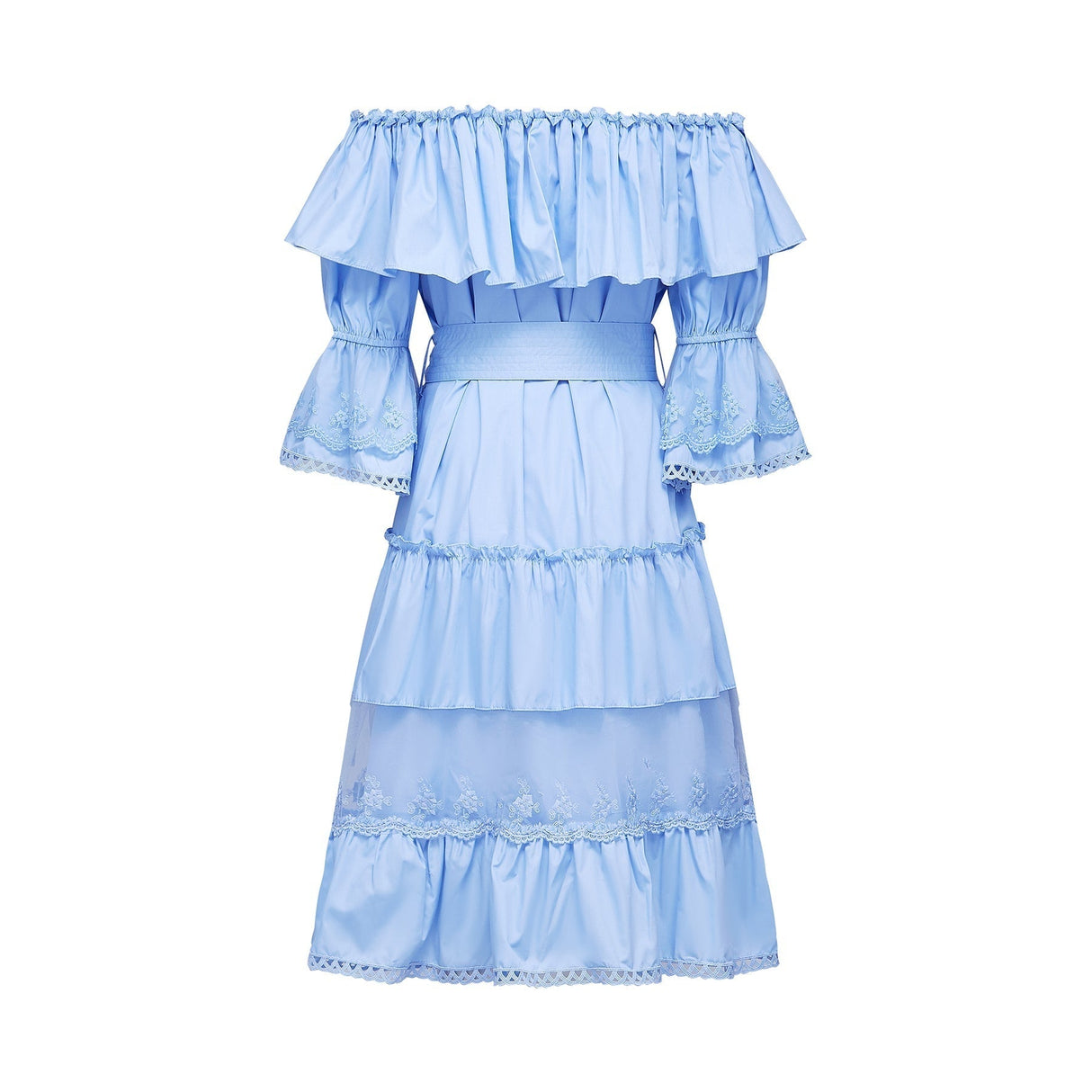 Kaitlyn Midi Dress Blue Off Shoulder Flounce Bow Tie Ruffle Lace Tiered