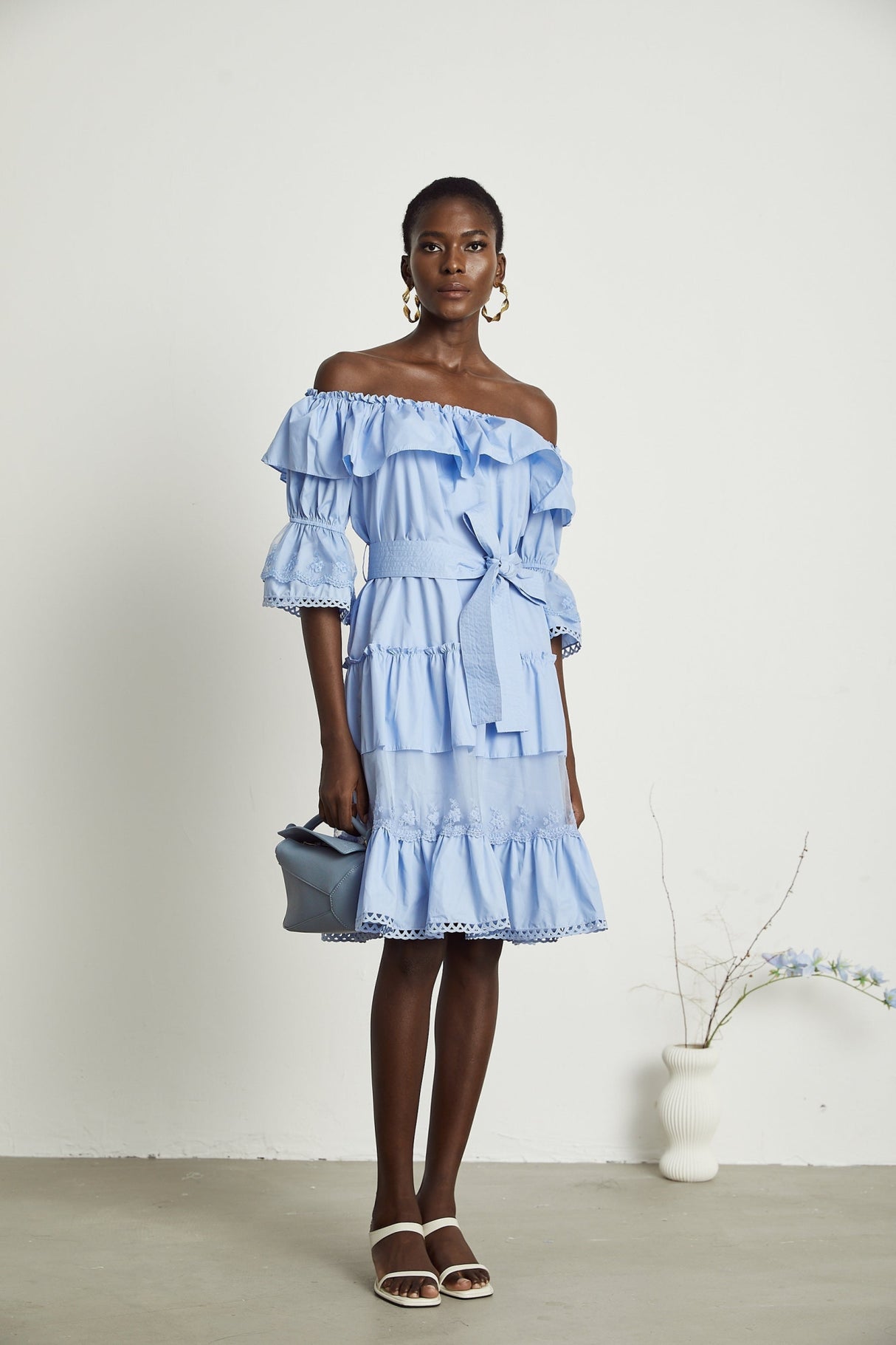 Kaitlyn Midi Dress Blue Off Shoulder Flounce Bow Tie Ruffle Lace Tiered