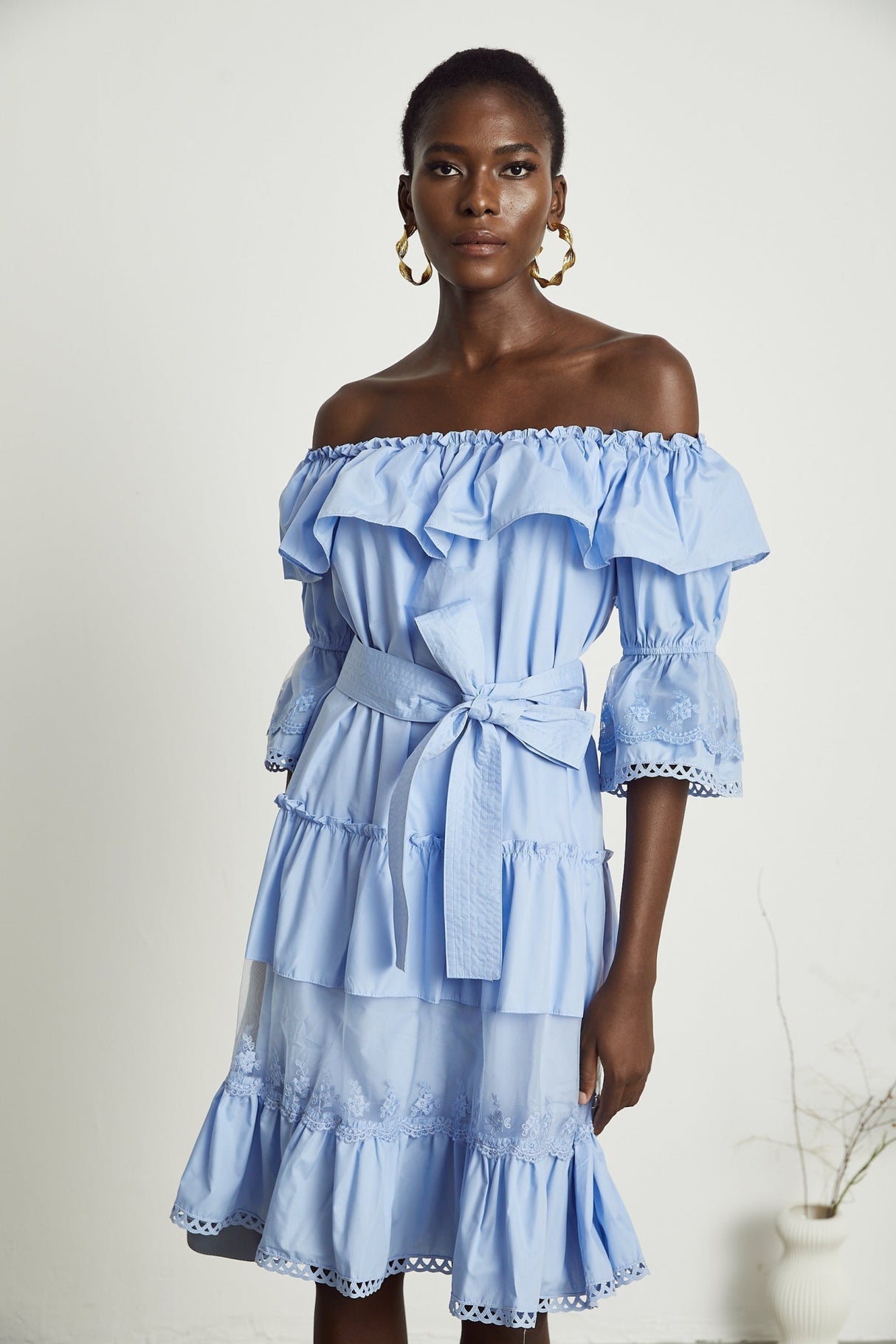 Kaitlyn Midi Dress Blue Off Shoulder Flounce Bow Tie Ruffle Lace Tiered
