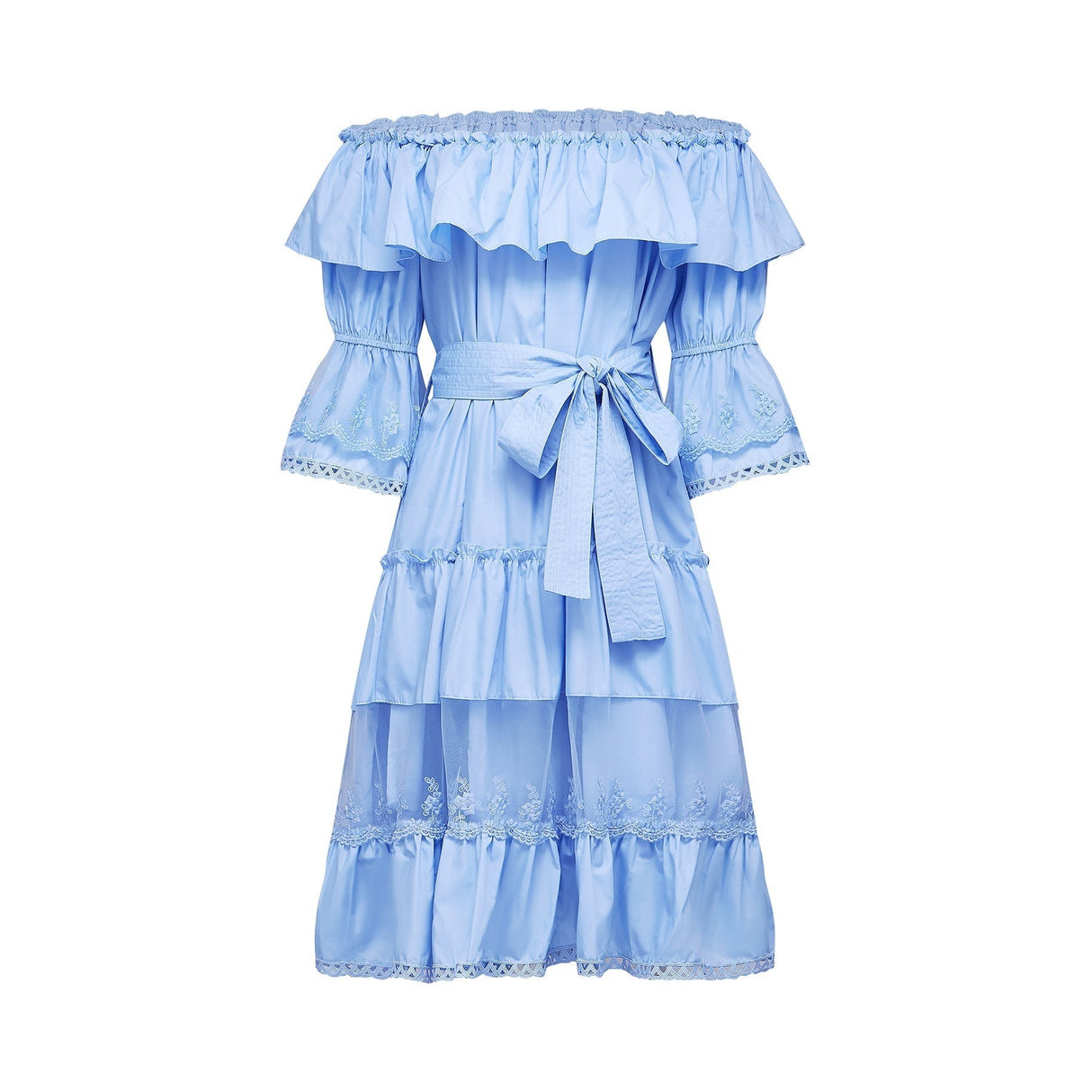 Kaitlyn Midi Dress Blue Off Shoulder Flounce Bow Tie Ruffle Lace Tiered
