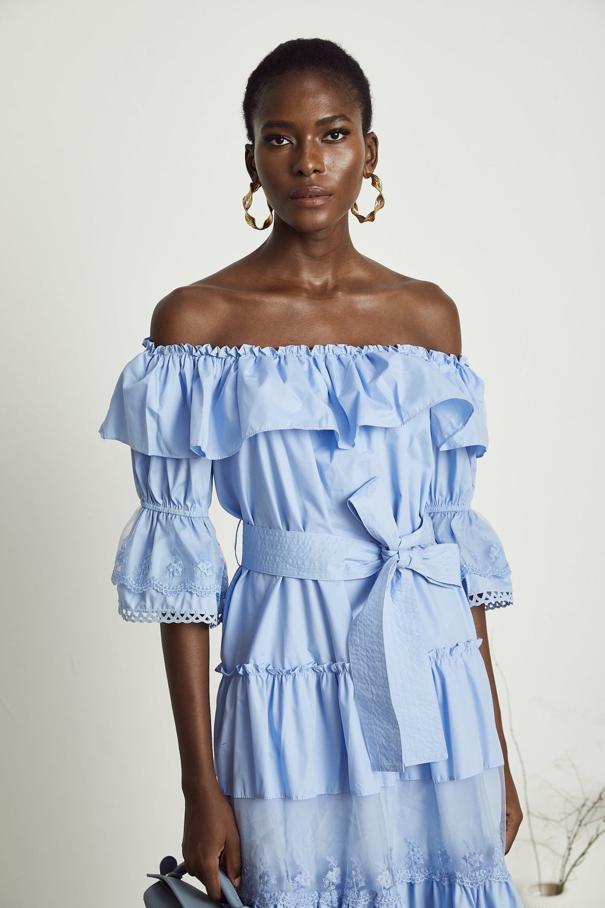 Kaitlyn Midi Dress Blue Off Shoulder Flounce Bow Tie Ruffle Lace Tiered
