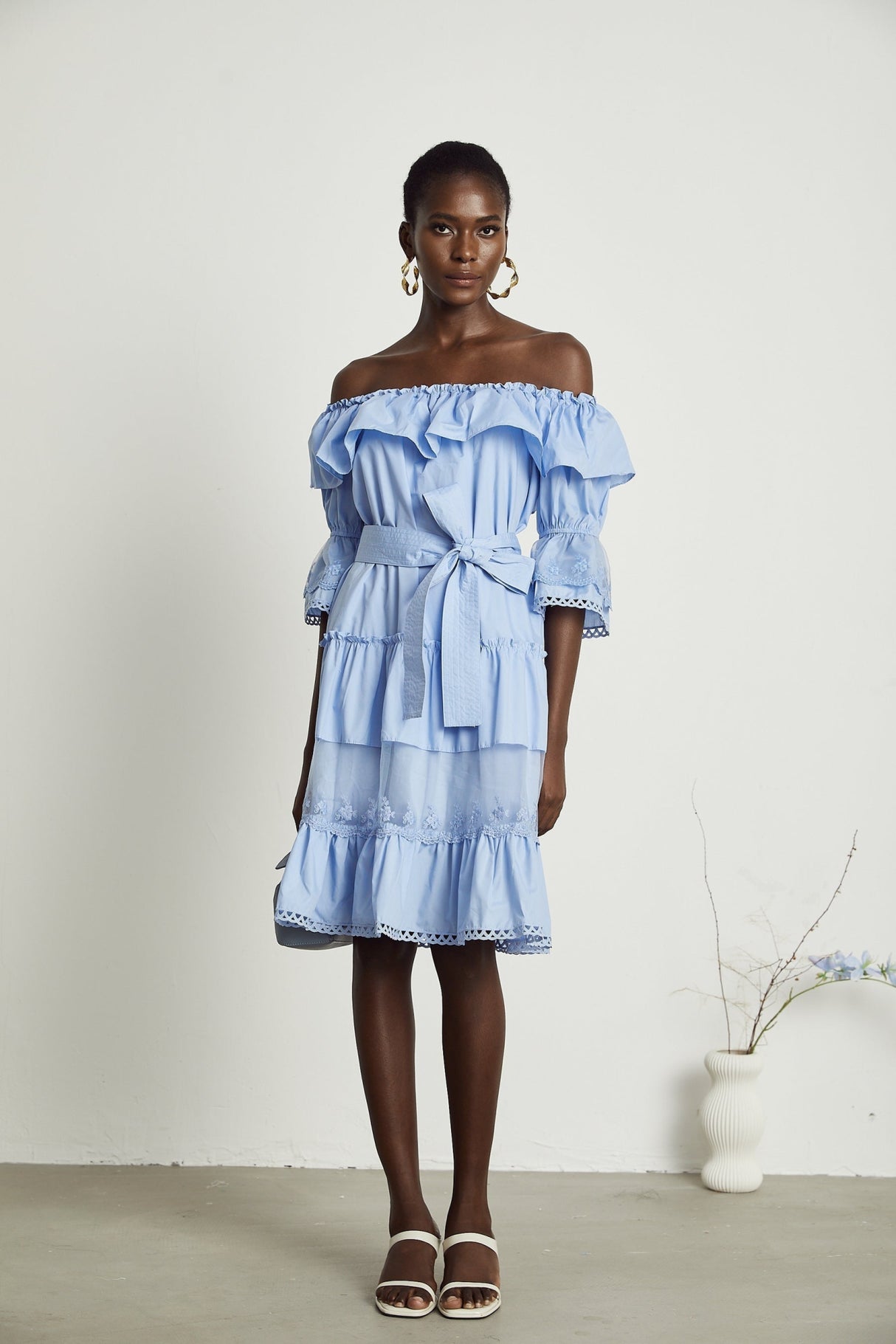 Kaitlyn Midi Dress Blue Off Shoulder Flounce Bow Tie Ruffle Lace Tiered