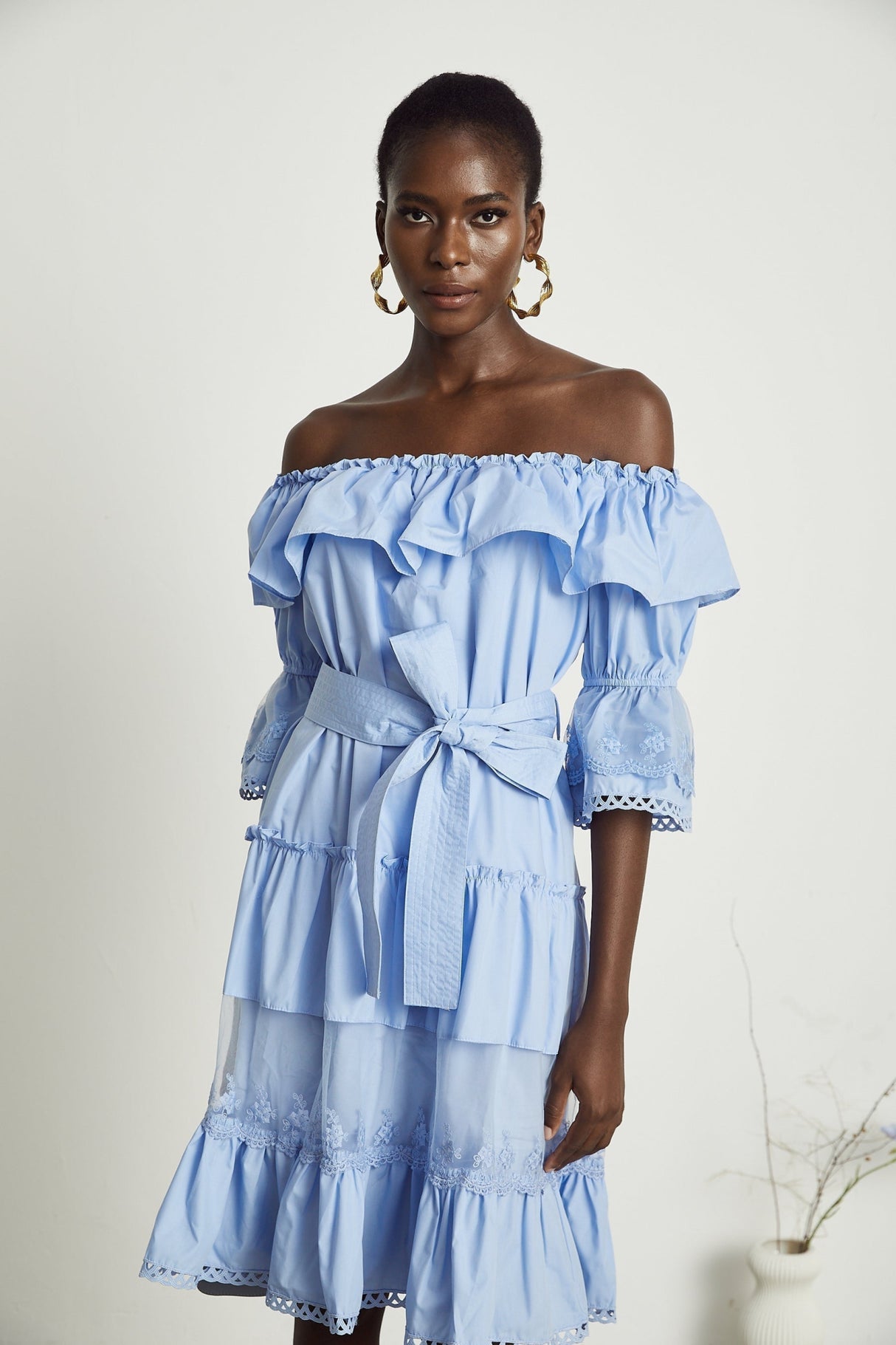 Kaitlyn Midi Dress Blue Off Shoulder Flounce Bow Tie Ruffle Lace Tiered