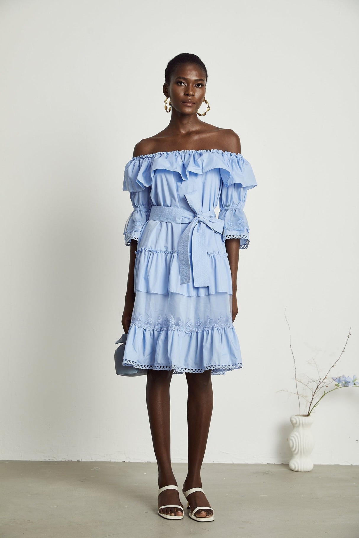 Kaitlyn Midi Dress Blue Off Shoulder Flounce Bow Tie Ruffle Lace Tiered