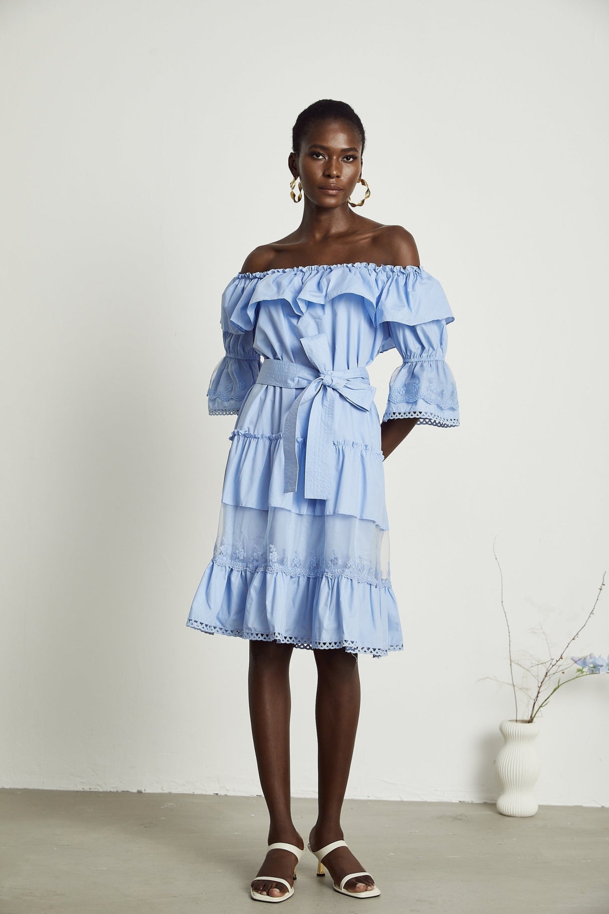 Kaitlyn Midi Dress Blue Off Shoulder Flounce Bow Tie Ruffle Lace Tiered