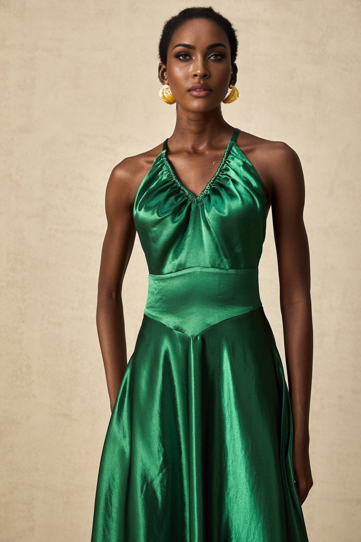 Kaitlyn Midi Dress Green Satin VNeck Open Back