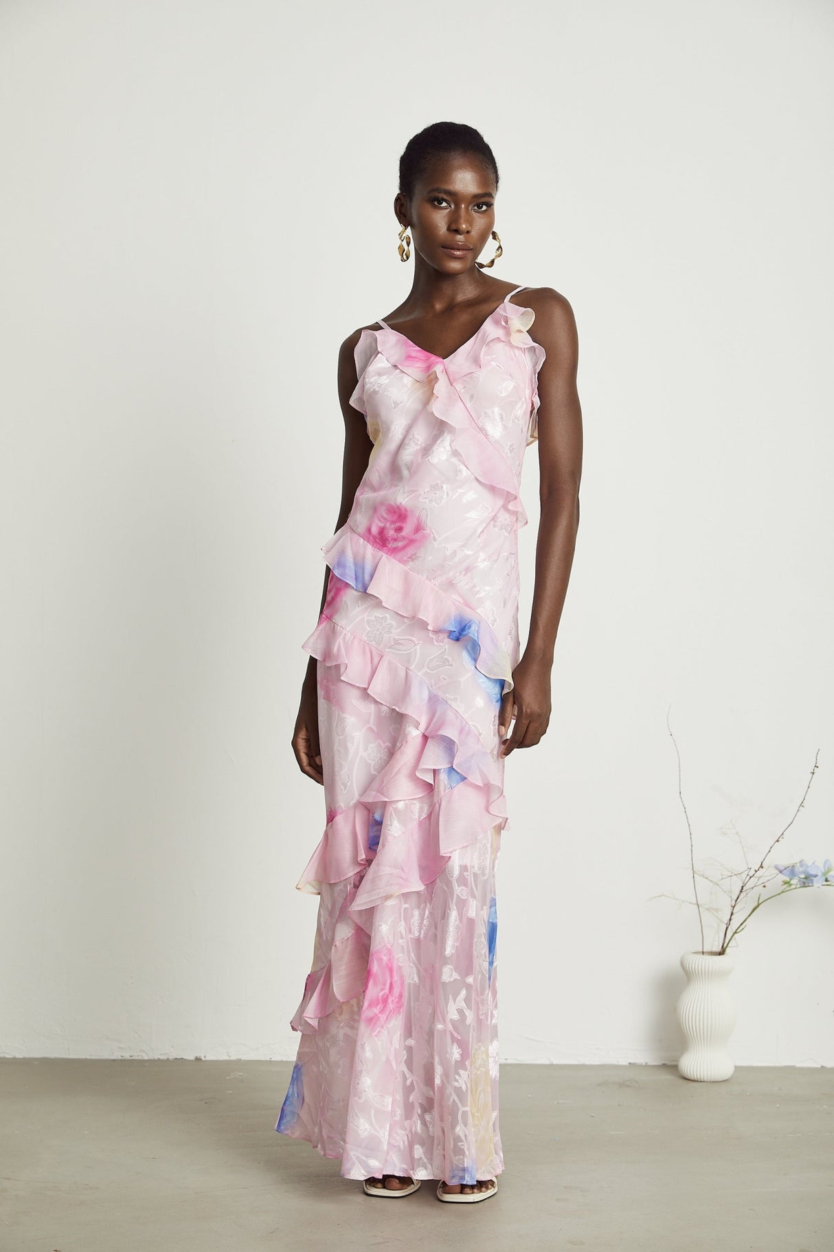 Kaitlyn Pink Multicolor Floral Maxi Dress with Plunging V - Neck and Ruffles
