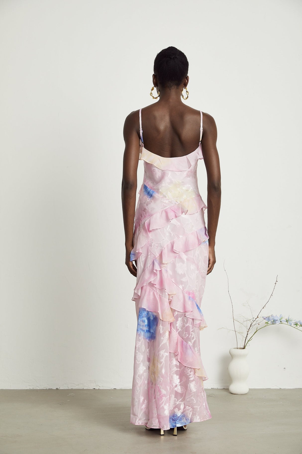 Kaitlyn Pink Multicolor Floral Maxi Dress with Plunging V - Neck and Ruffles