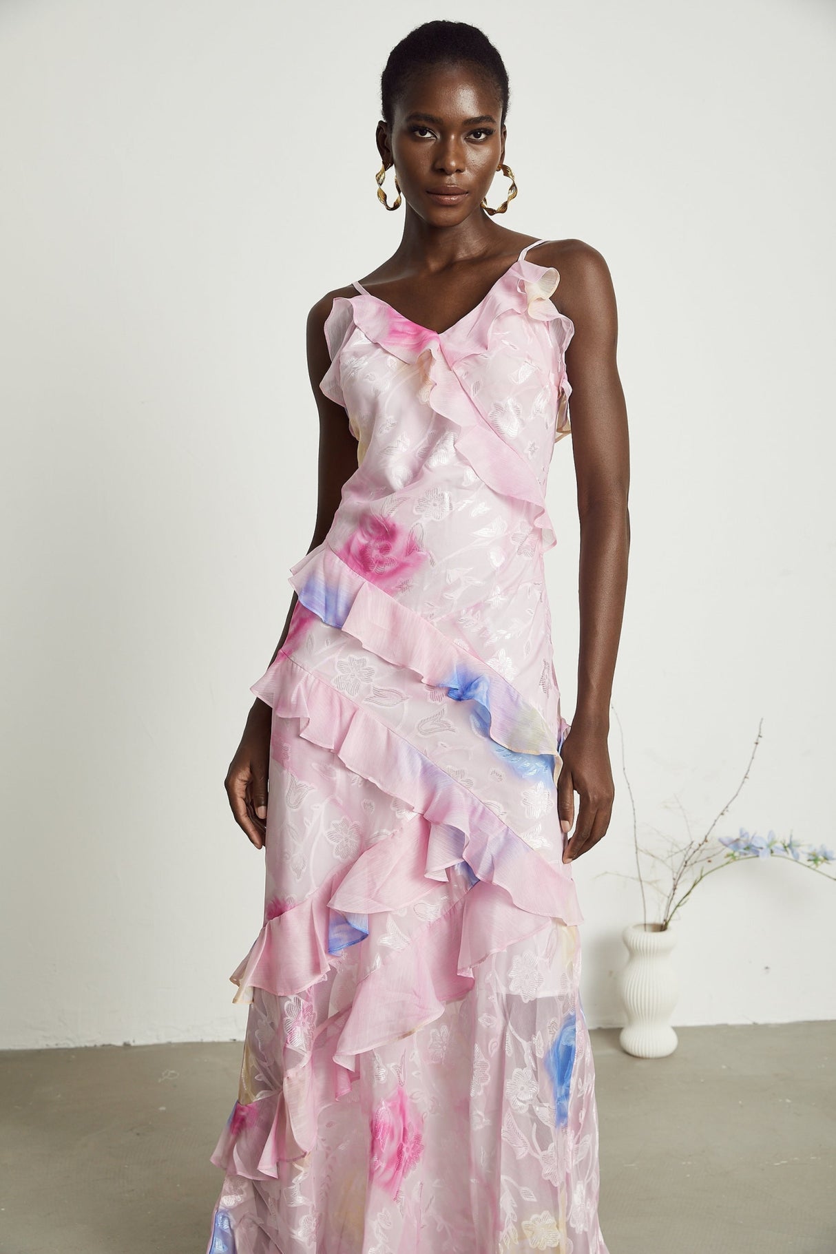 Kaitlyn Pink Multicolor Floral Maxi Dress with Plunging V - Neck and Ruffles