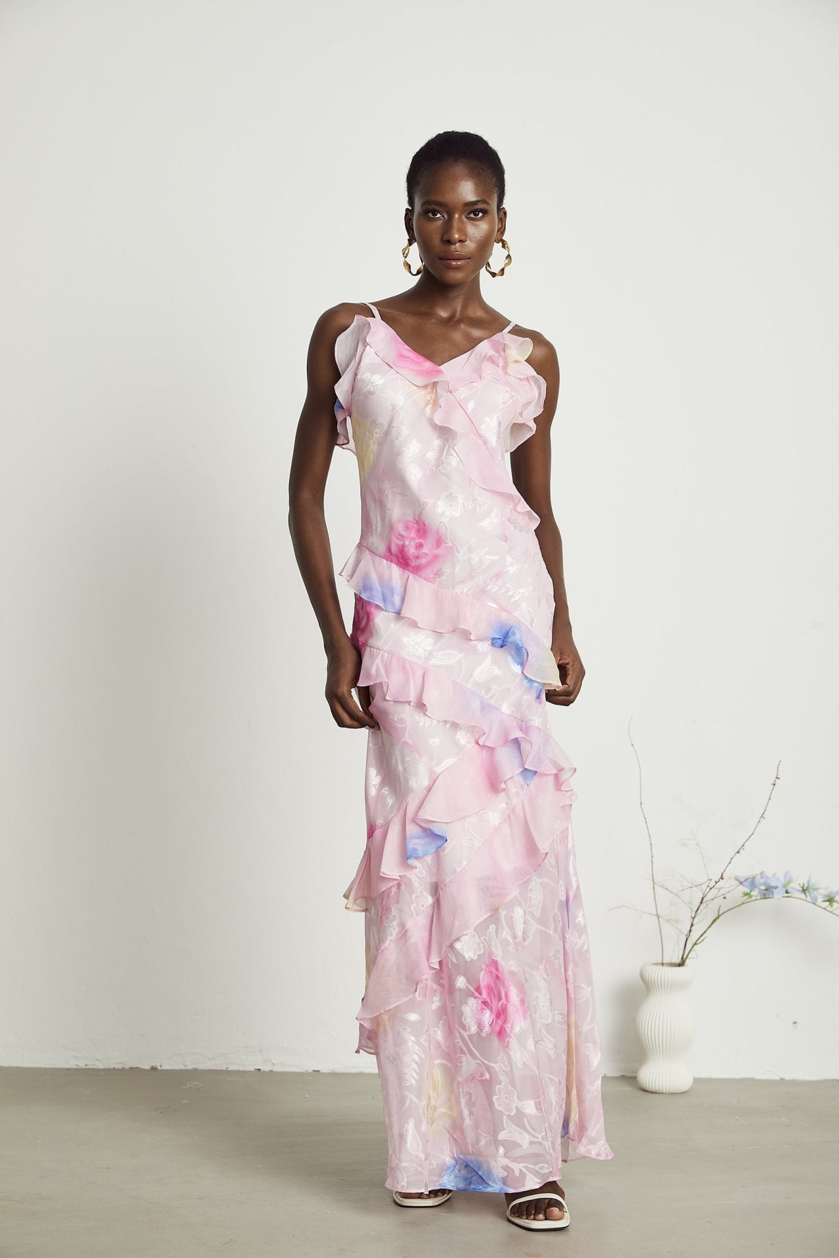 Kaitlyn Pink Multicolor Floral Maxi Dress with Plunging V - Neck and Ruffles