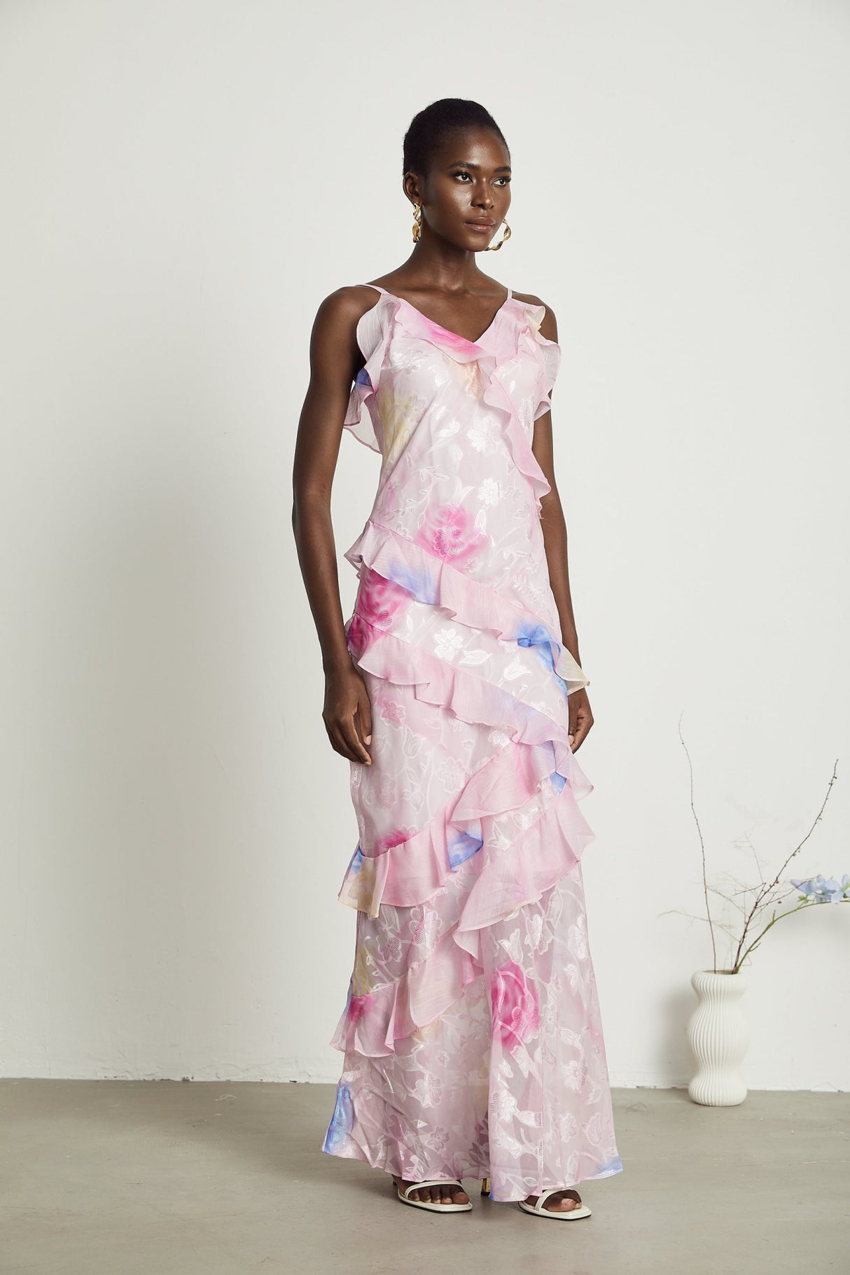 Kaitlyn Pink Multicolor Floral Maxi Dress with Plunging V - Neck and Ruffles