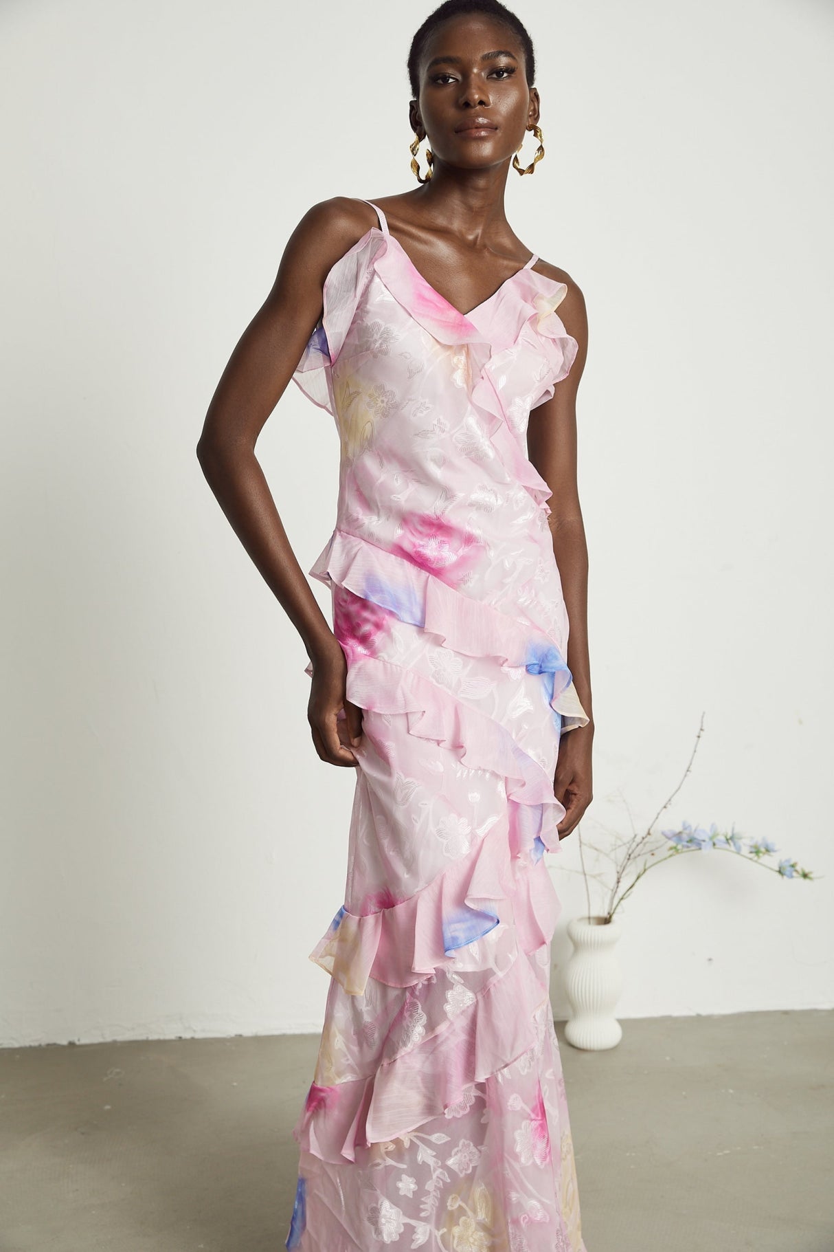 Kaitlyn Pink Multicolor Floral Maxi Dress with Plunging V - Neck and Ruffles