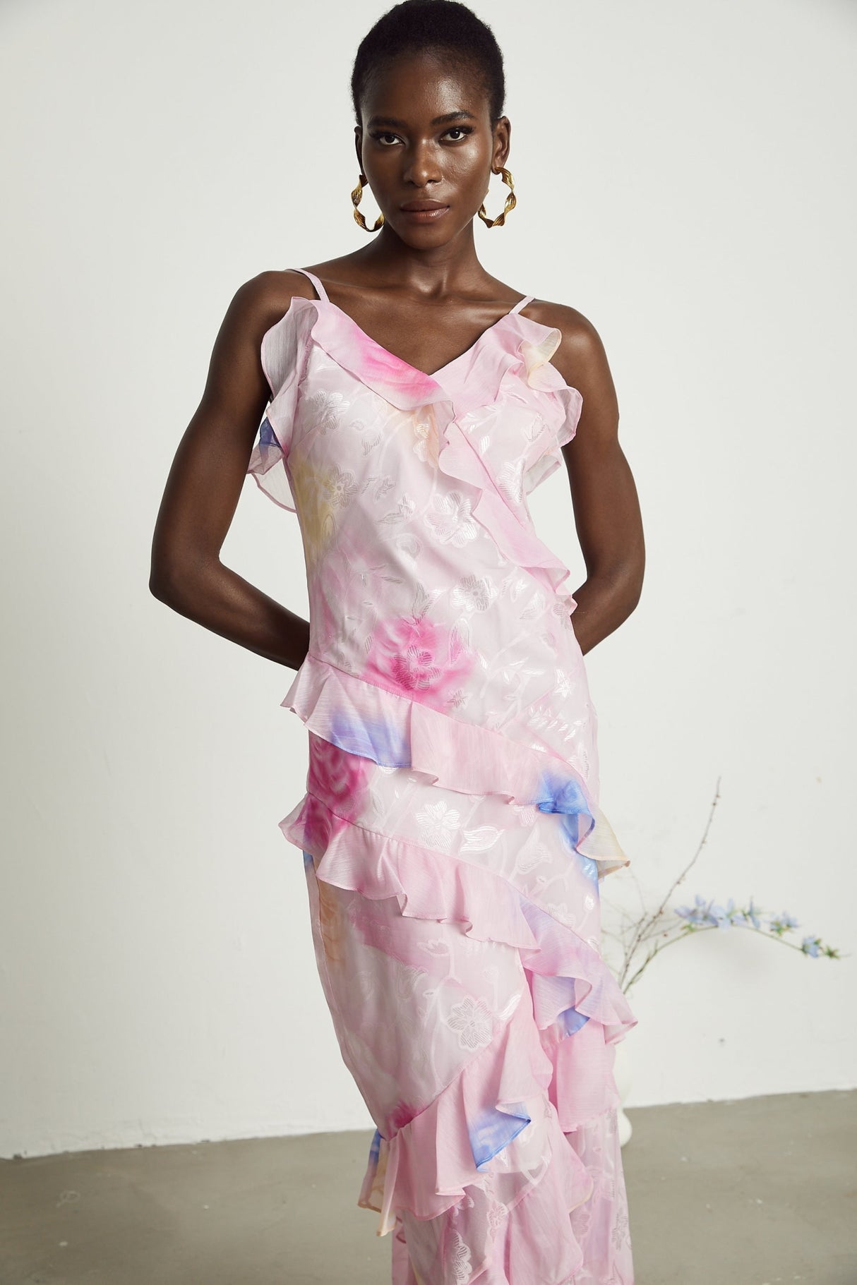 Kaitlyn Pink Multicolor Floral Maxi Dress with Plunging V - Neck and Ruffles