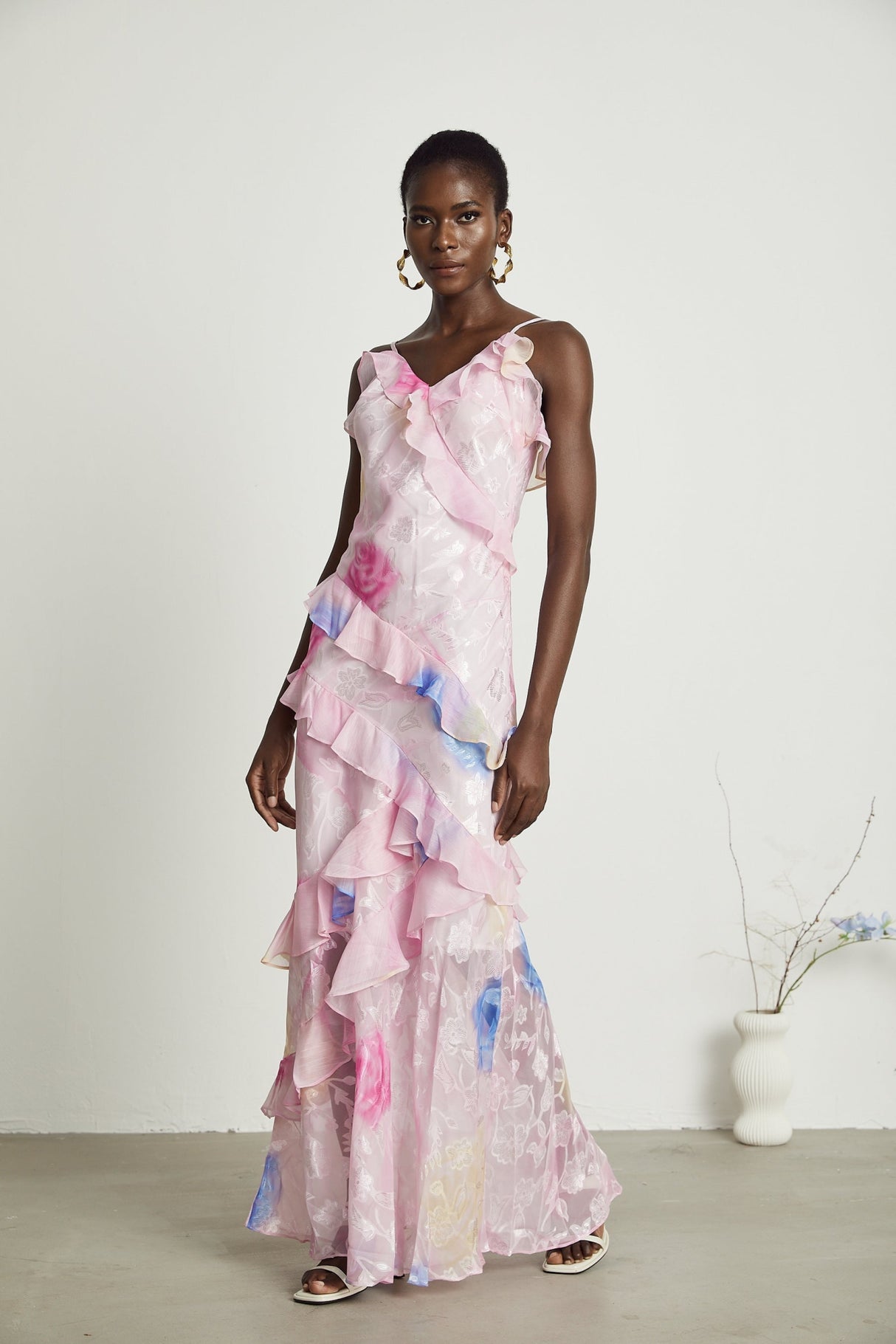 Kaitlyn Pink Multicolor Floral Maxi Dress with Plunging V - Neck and Ruffles