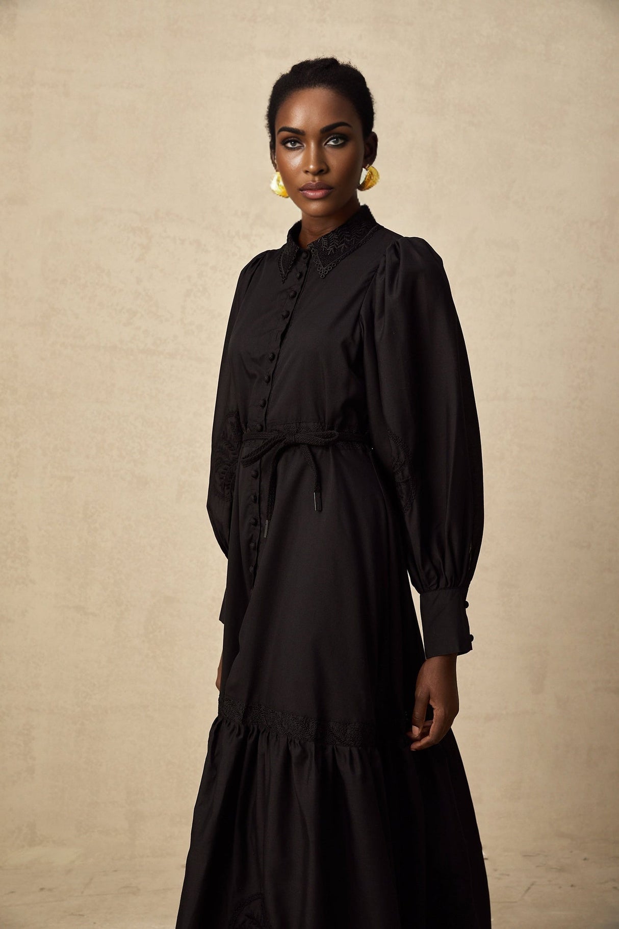 Kali Midi Dress Black Lace Balloon Sleeves Pleated & Flared