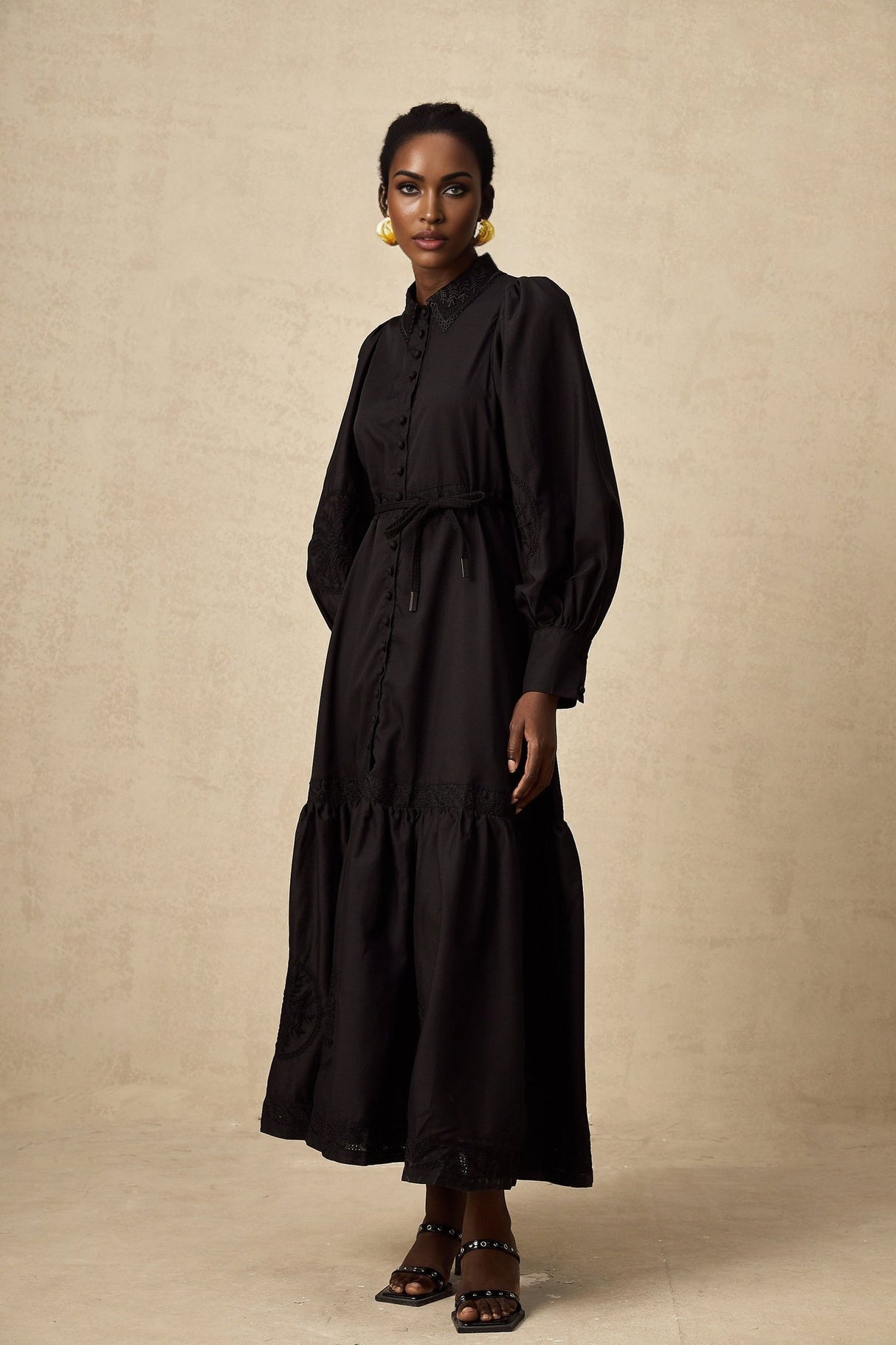 Kali Midi Dress - Classic Collar - Balloon Sleeves - Embroidery Detailing - Lace Panelling - Tied Waist