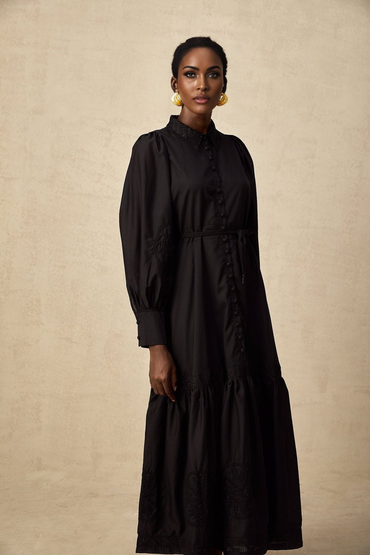 Kali Midi Dress - Classic Collar - Balloon Sleeves - Embroidery Detailing - Lace Panelling - Tied Waist