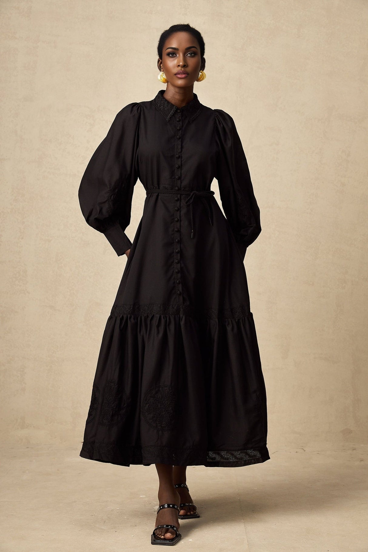 Kali Midi Dress - Classic Collar - Balloon Sleeves - Embroidery Detailing - Lace Panelling - Tied Waist