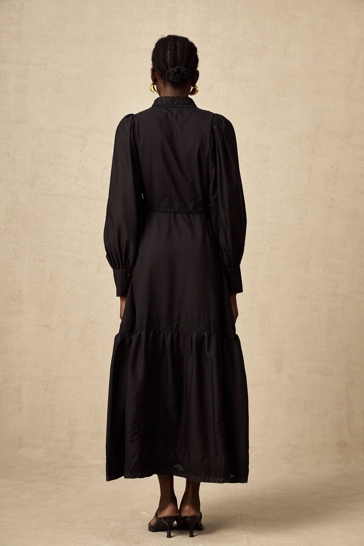 Kali Midi Dress - Classic Collar - Balloon Sleeves - Embroidery Detailing - Lace Panelling - Tied Waist