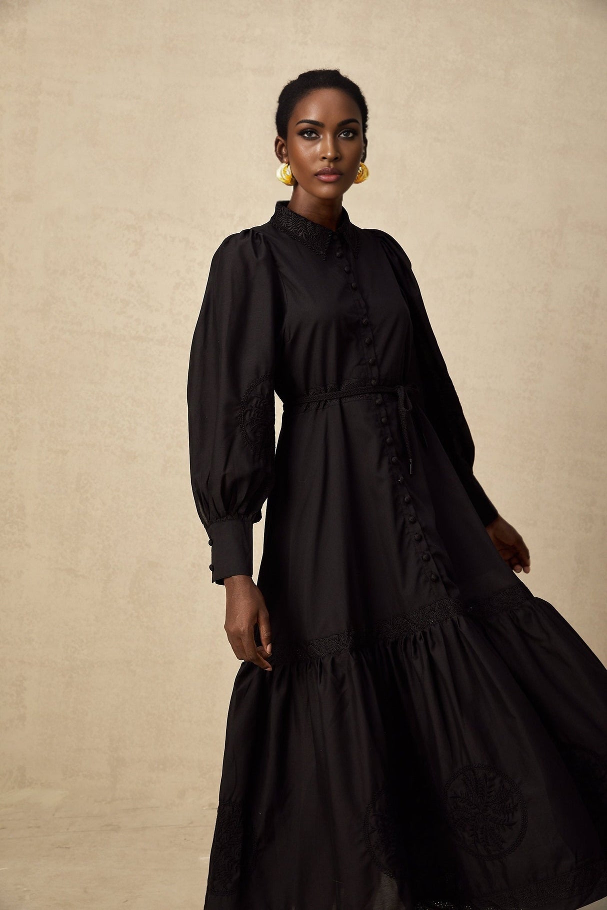 Kali Midi Dress - Classic Collar - Balloon Sleeves - Embroidery Detailing - Lace Panelling - Tied Waist