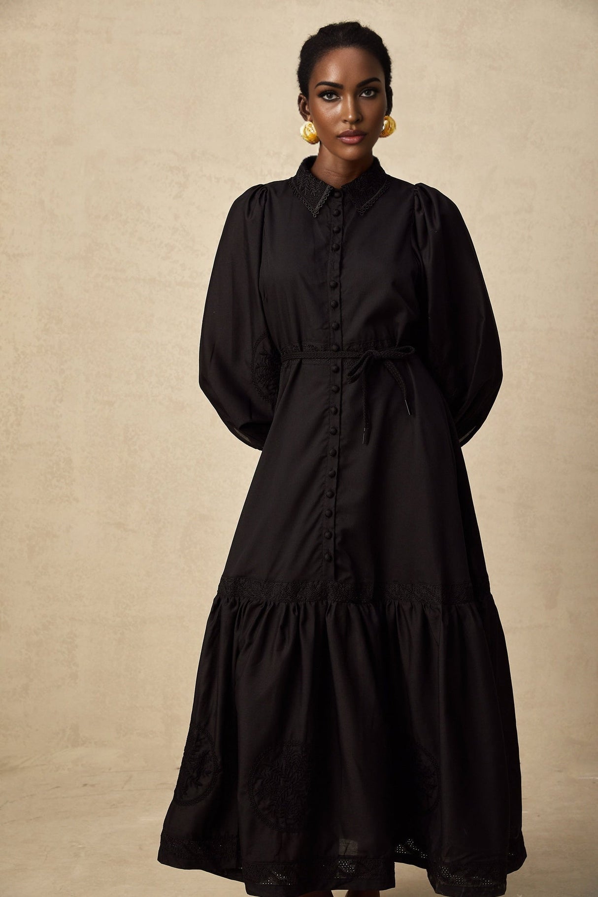 Kali Midi Dress - Classic Collar - Balloon Sleeves - Embroidery Detailing - Lace Panelling - Tied Waist