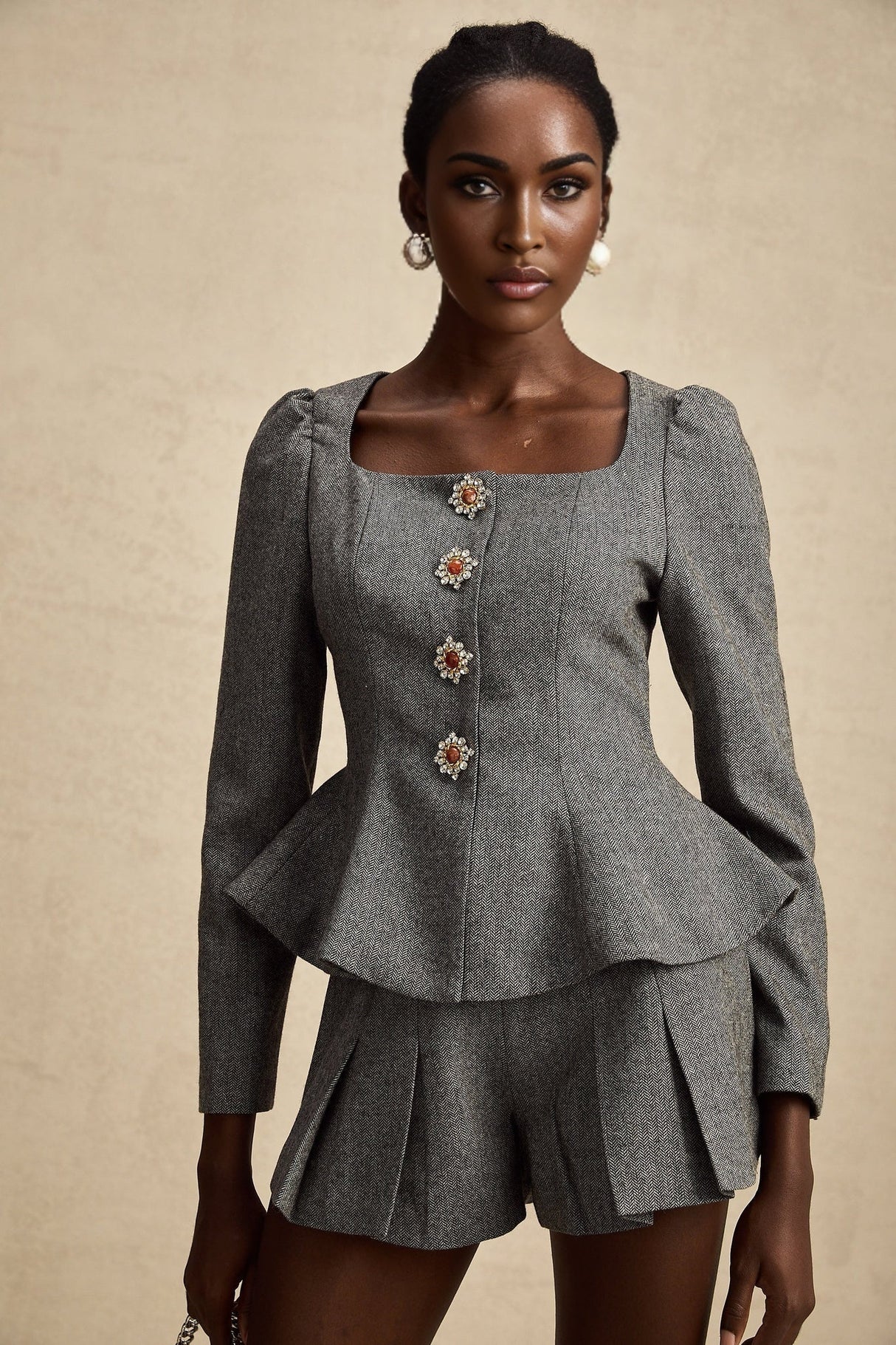 Kali Top & Shorts Herringbone Grey Peplum Crystal Embellished
