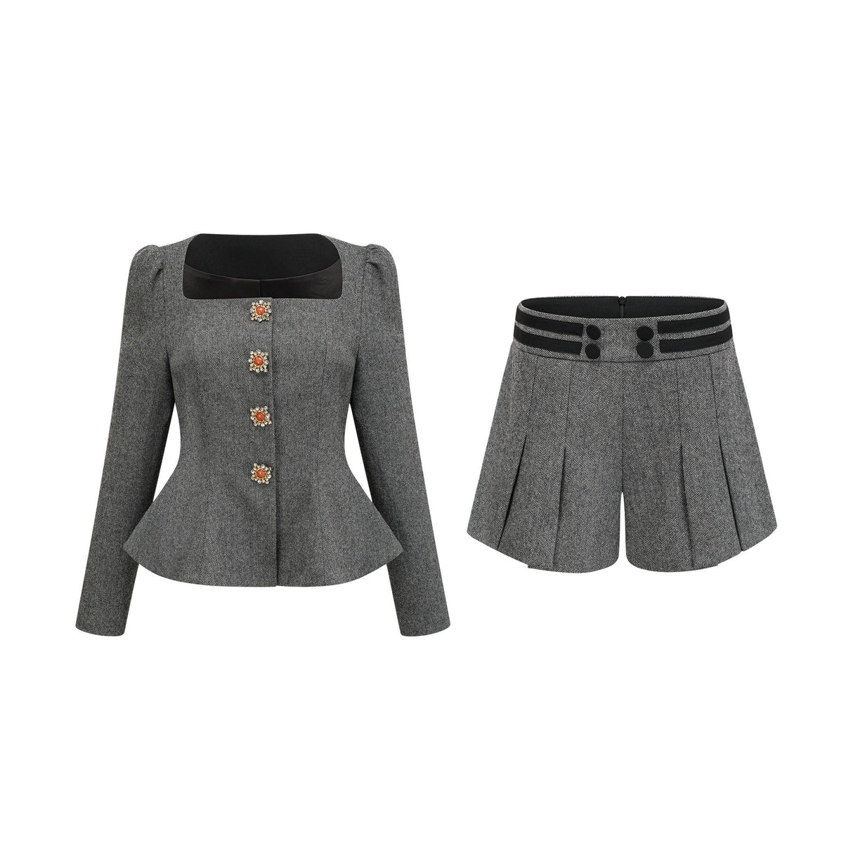 Kali Top & Shorts Herringbone Grey Peplum Crystal Embellished