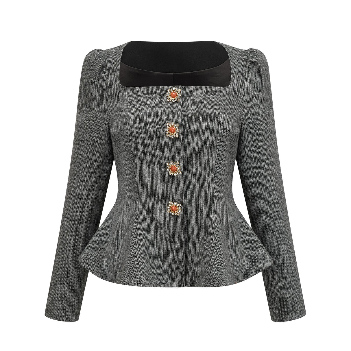 Kali Top & Shorts Set - Herringbone Pattern - Puff Sleeves - Peplum Waist - Embellished Buttons