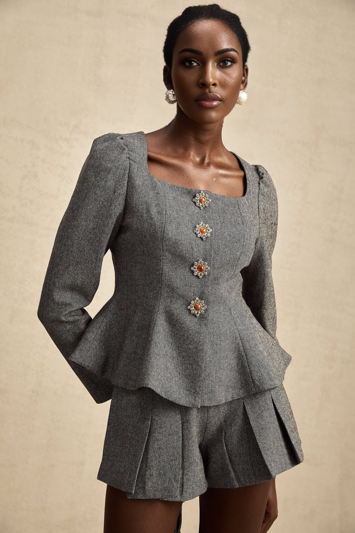 Kali Top & Shorts Set - Herringbone Pattern - Puff Sleeves - Peplum Waist - Embellished Buttons