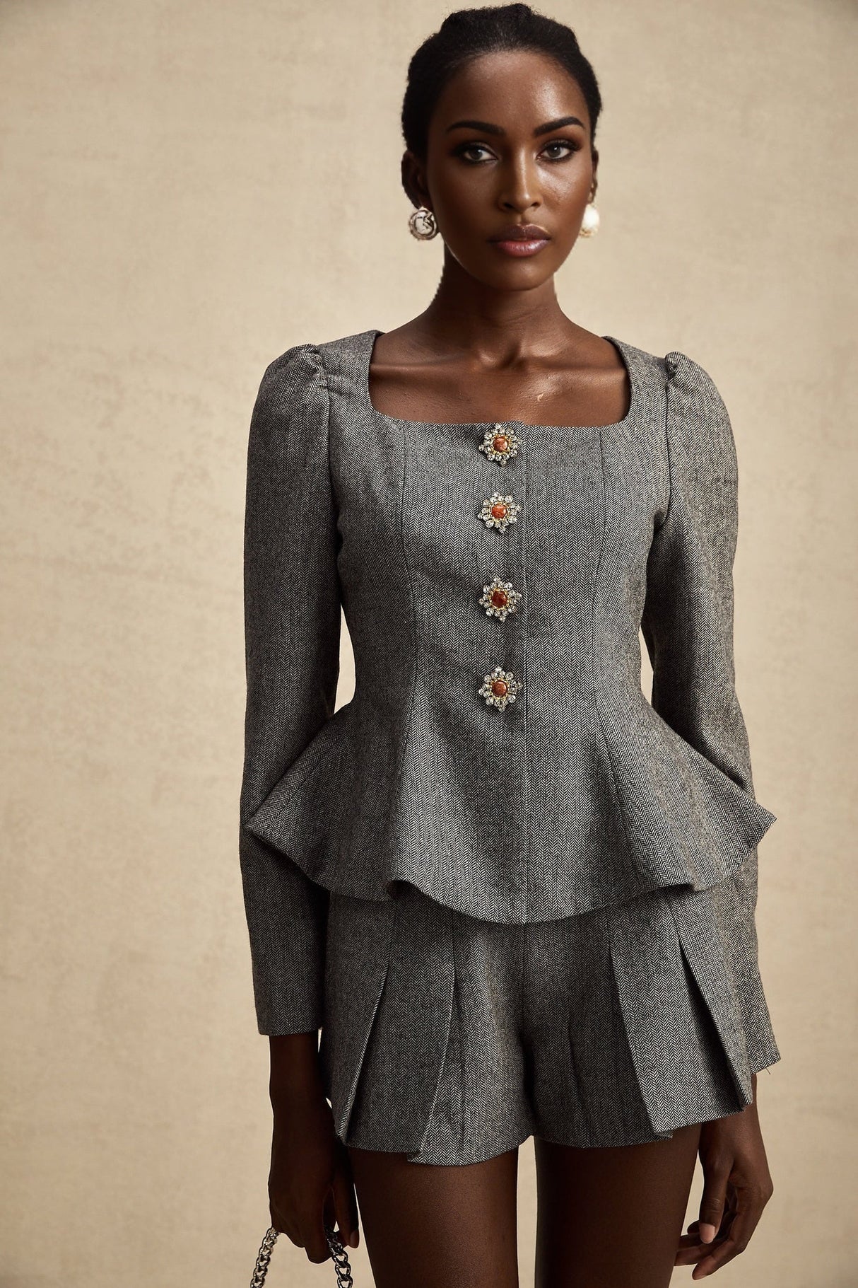 Kali Top & Shorts Set - Herringbone Pattern - Puff Sleeves - Peplum Waist - Embellished Buttons