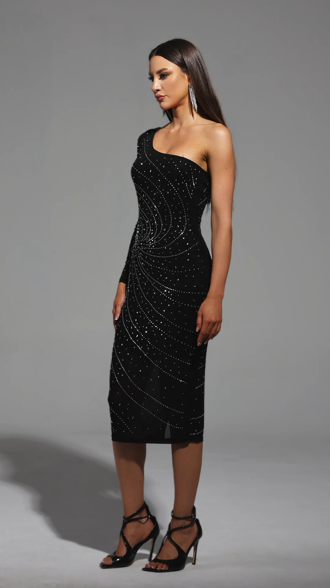 Kamila Black Diamond Accent One Shoulder Midi Dress