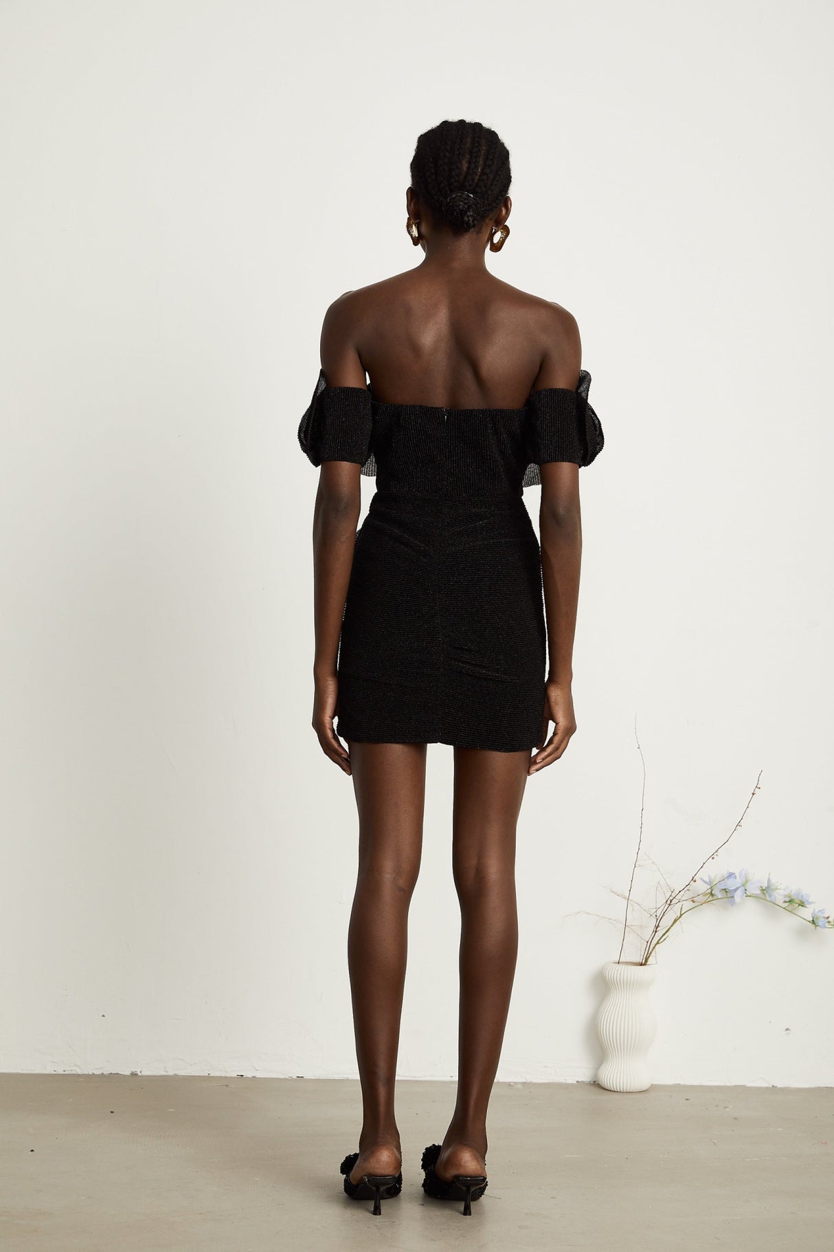 Kamila Mini Dress Black Floral Applique Corset Hemline