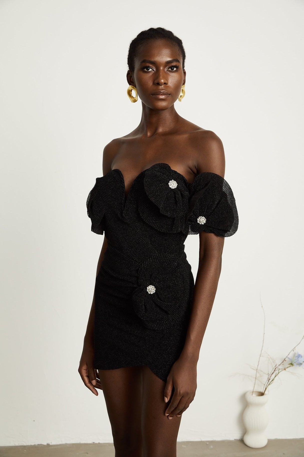 Kamila Mini Dress Black Floral Applique Corset Hemline