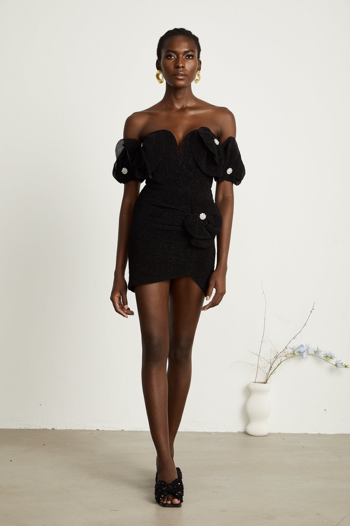 Kamila Mini Dress Black Floral Applique Corset Hemline