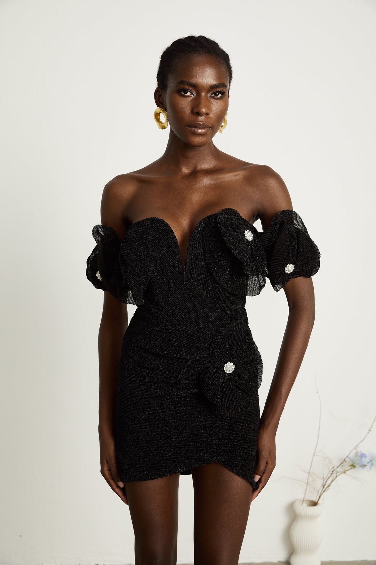 Kamila Mini Dress Black Floral Applique Corset Hemline