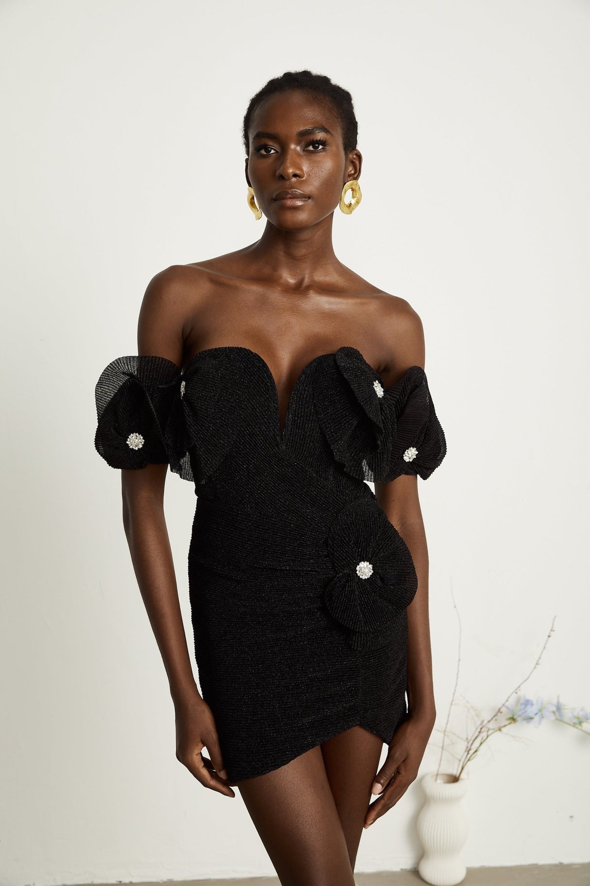 Kamila Mini Dress Black Floral Applique Corset Hemline