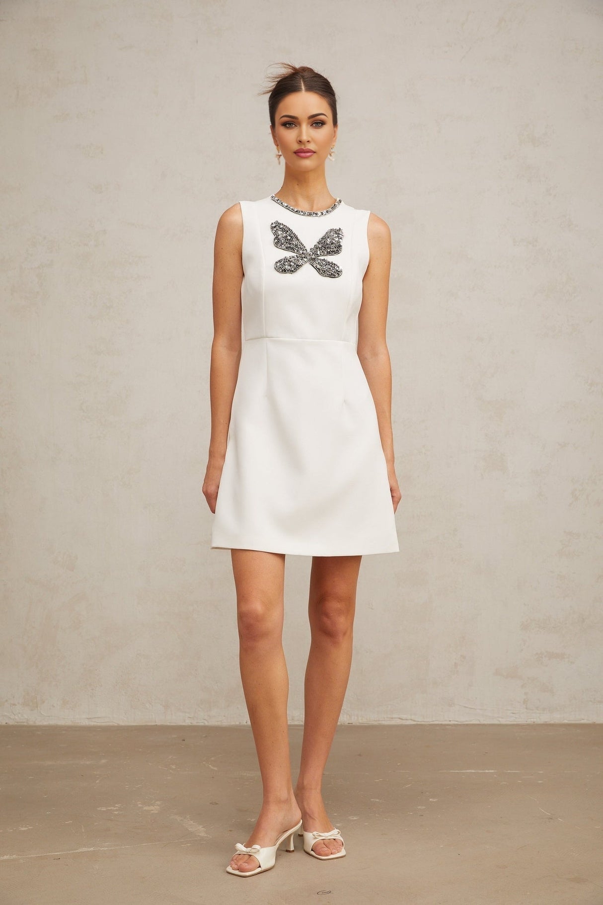 Kamila Mini Dress White Butterfly Crystal Beaded Thigh Zip