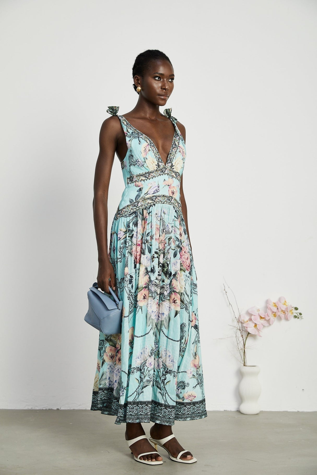 Kara Midi Dress Green Floral Lace Crystal Embellished Tie - Shoulder